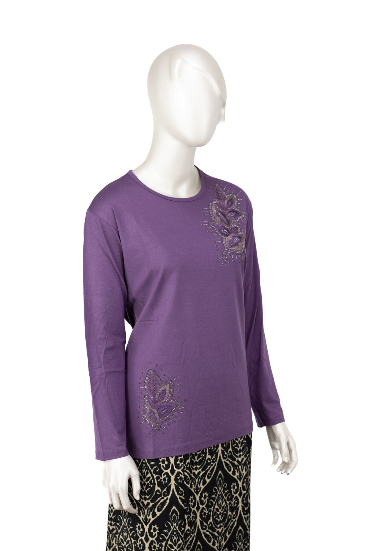 Kadın Turlu Viskon Penye Kumaş Anne Bluz Elmas Taşlı ve Nakışlı Likralı Tam Kalıp