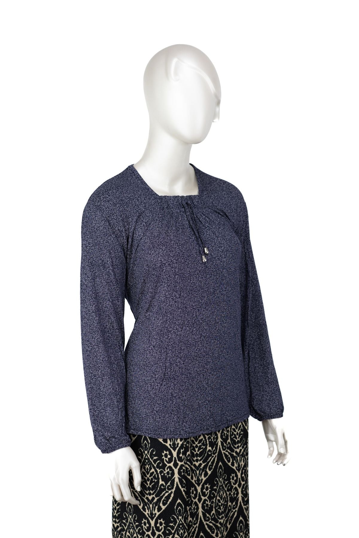 Kadın Turlu Viskon Penye Kumaş Anne Bluz Şık Kum Desenli Likralı Kare Yaka Uzun Kol TamKalıp