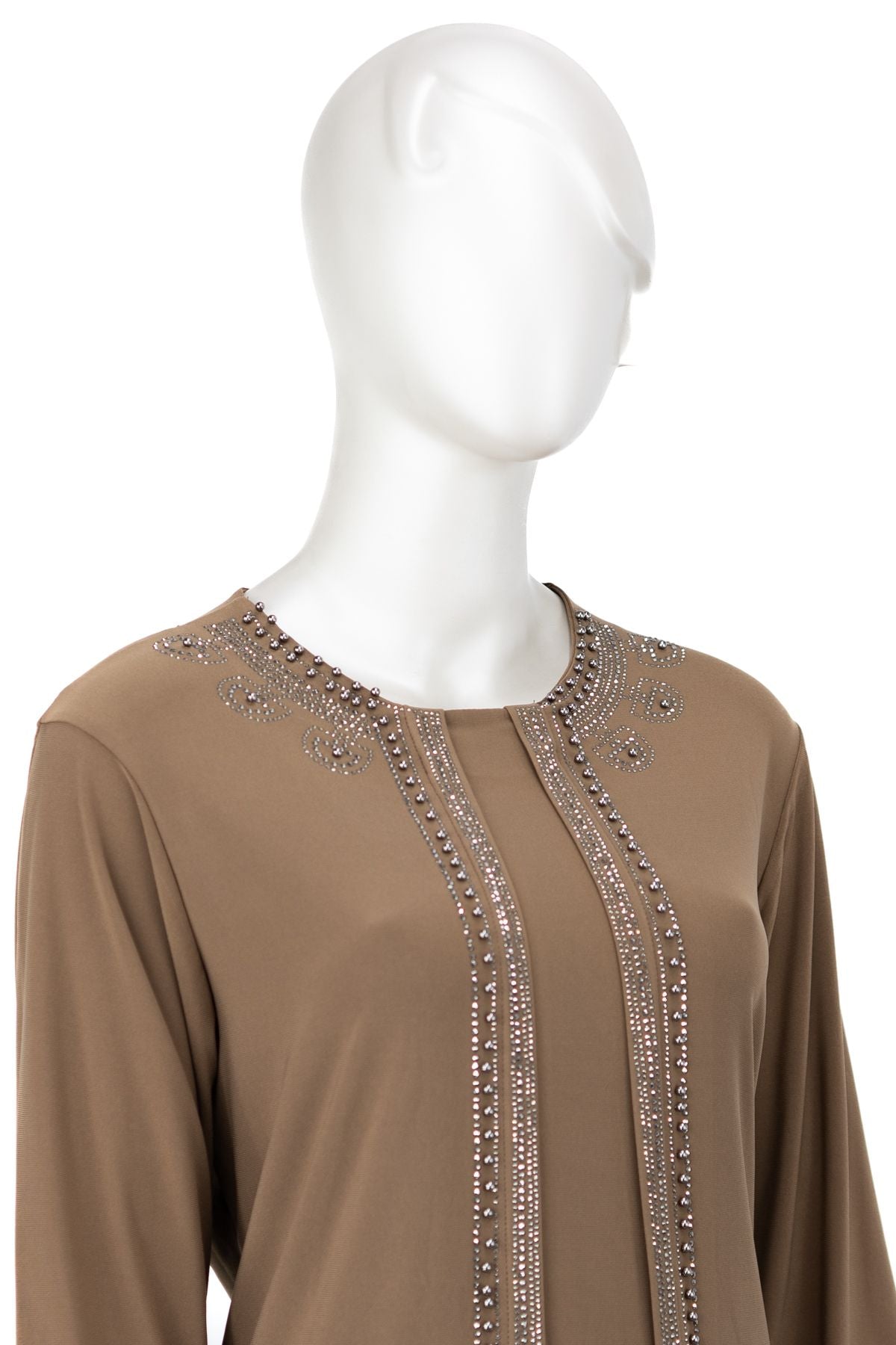 Kadın Sandy Kumaş Anne Bluz inci Taşlı Boncuklu Yuvarlak Yaka Likralı Rahat Kesim Tam Kalıp