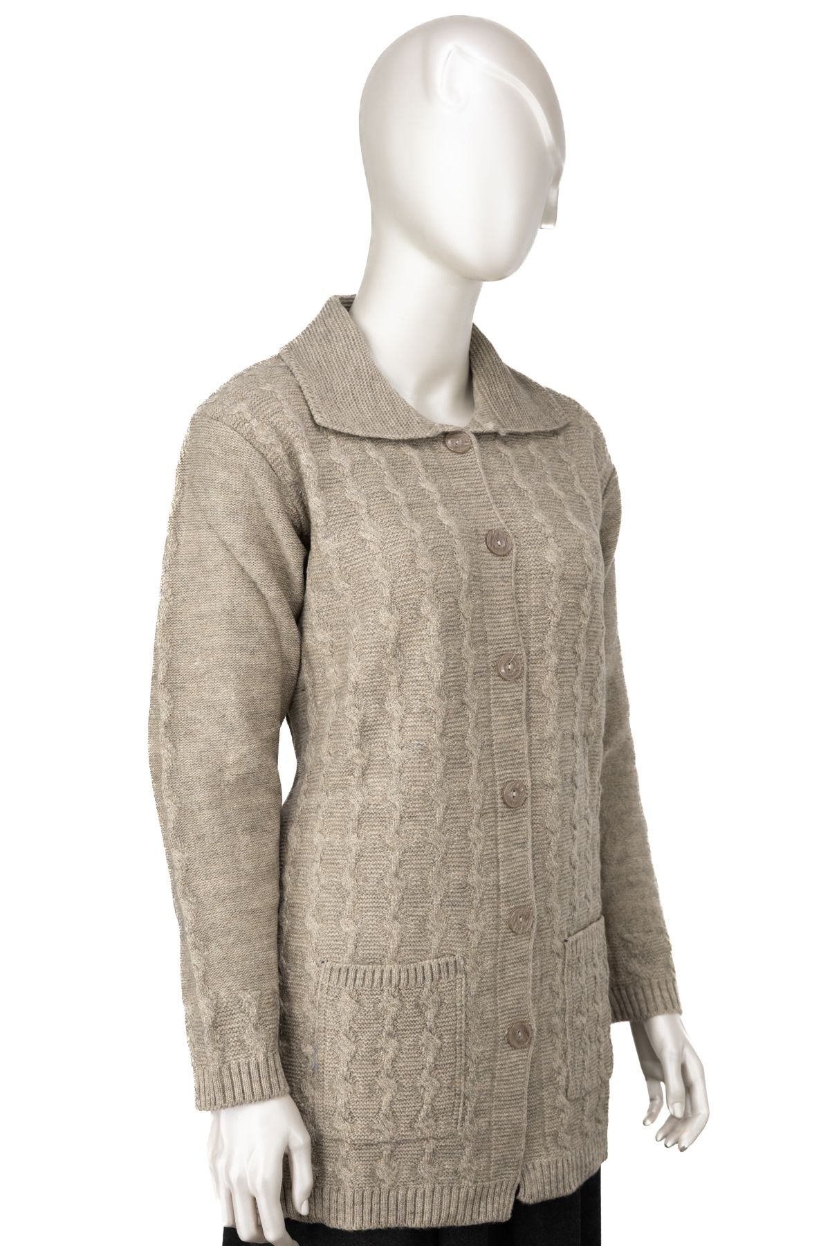 Kadın Klasik Yün Anne Hırka Çift Cepli Rahat Kesim Rahat Düğmeli Tüylenmez Bukletim Desenli