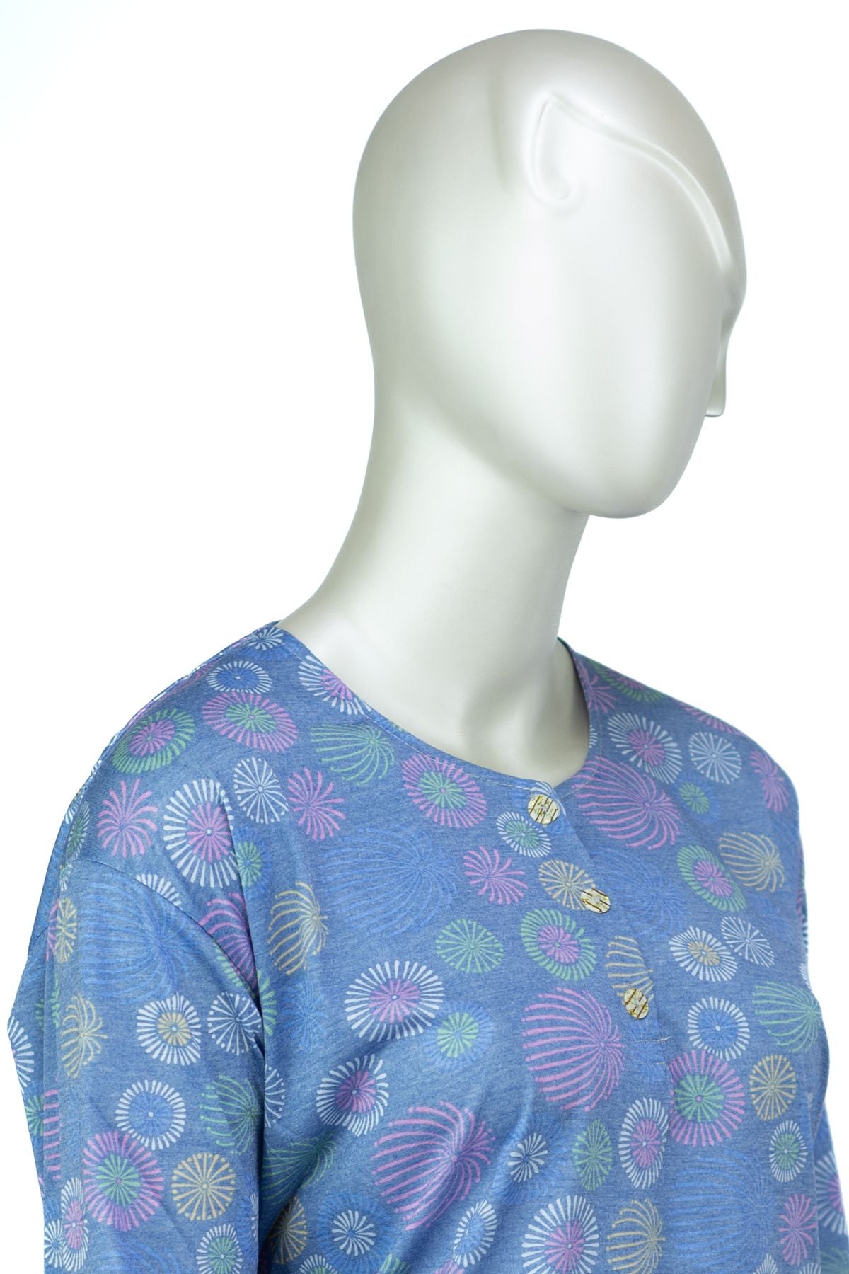 Kadın Kağıt Baskı Klasik Anne Bluz Pamuk Kumaş Gelin Desenli Üç Düğmeli Yuvarlak Yaka Rahat