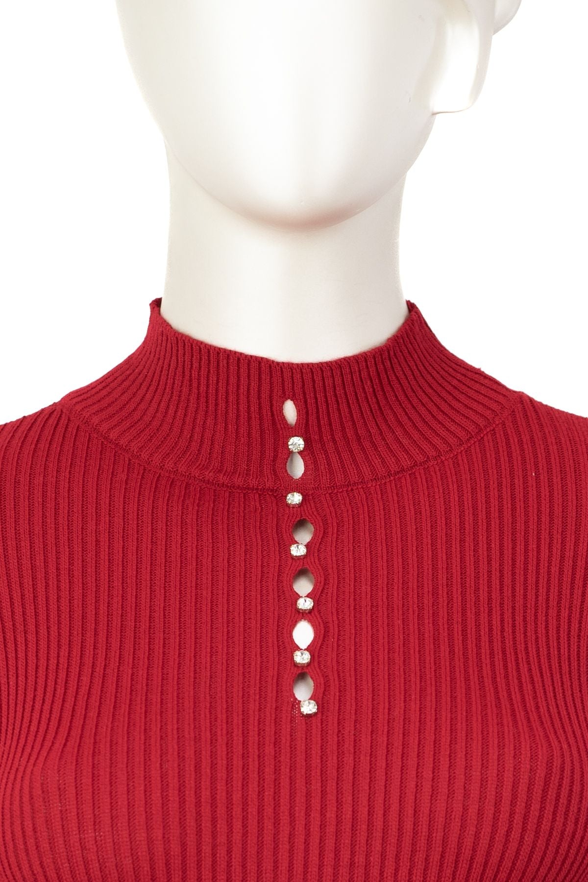 Kadın Kışlık Göğüste Şık Taşlı Yarım Yaka Bedene Oturan Likralı Örme Triko Badi Kazak