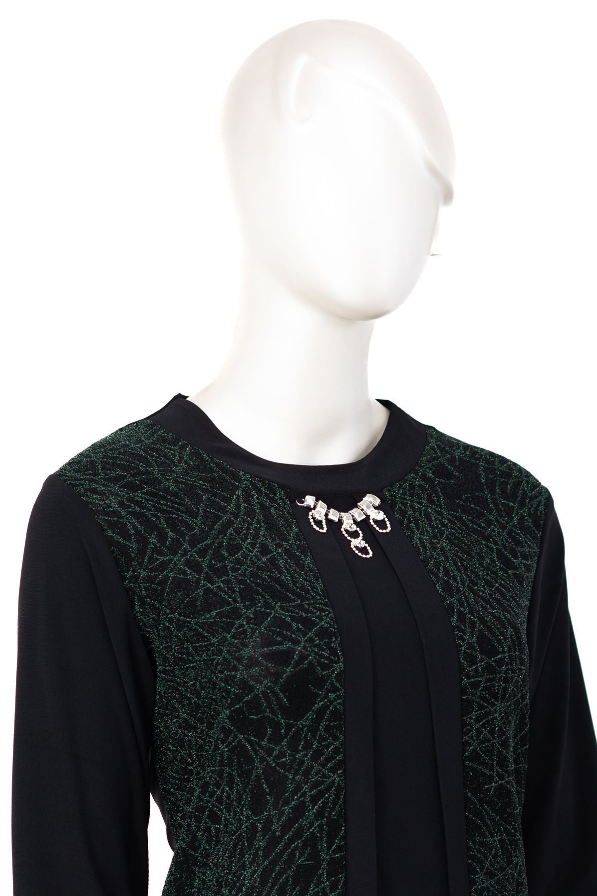 Kadın Sandy Kumaş Anne Bluz Simli Desenli Broşlu Yuvarlak Yaka Likralı Rahat Kesim Tam Kalıp