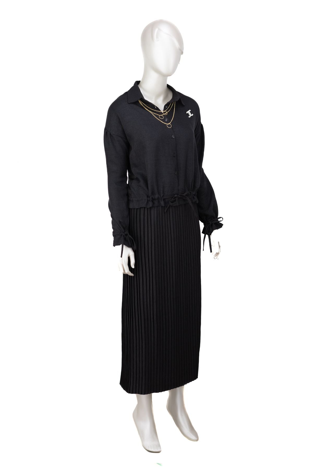 Kadın ikili Piliseli Keten Takım Yakası Kolyeli Önü Düğmeli Gömlek Yaka Şık Modelli TamKalıp