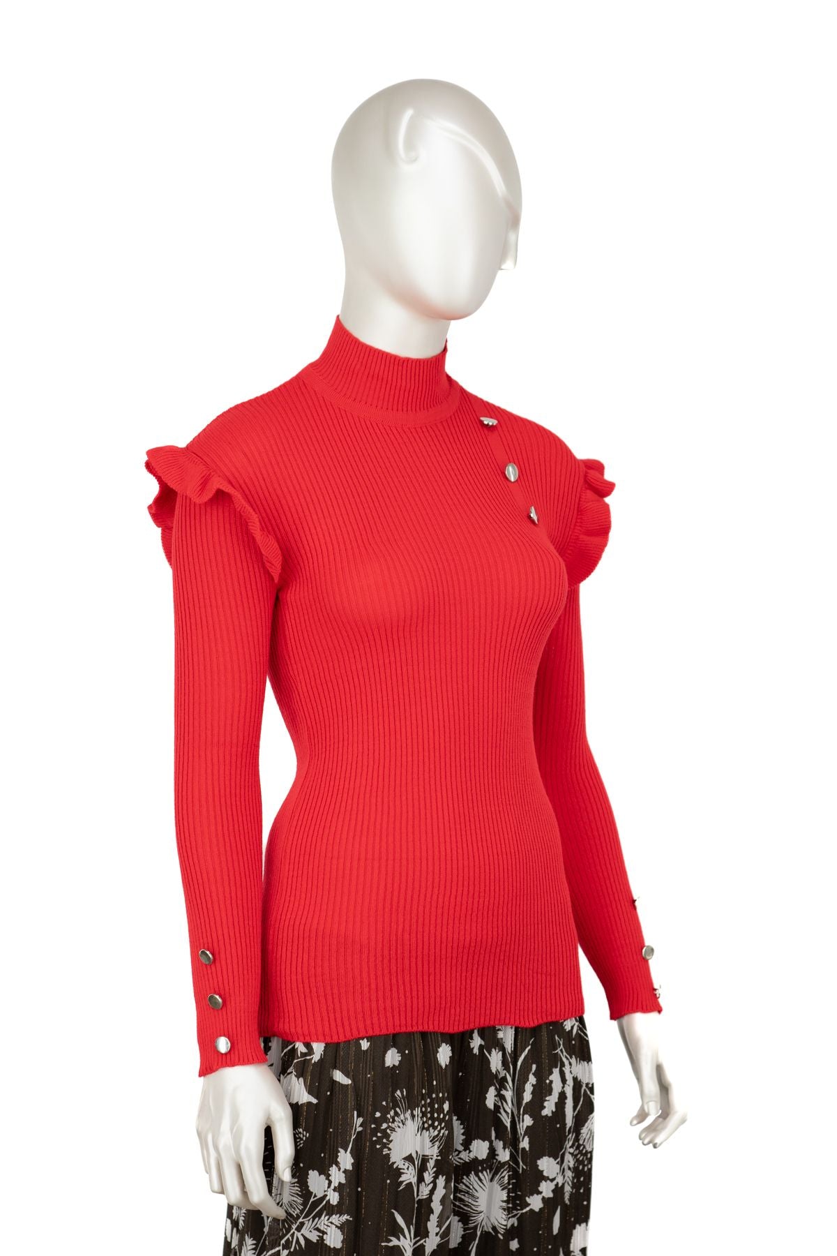 Kadın Kışlık Kolları Şık DüğmeDetaylı Yarım Yaka Bedene Oturan Likralı Örme Triko Badi Kazak