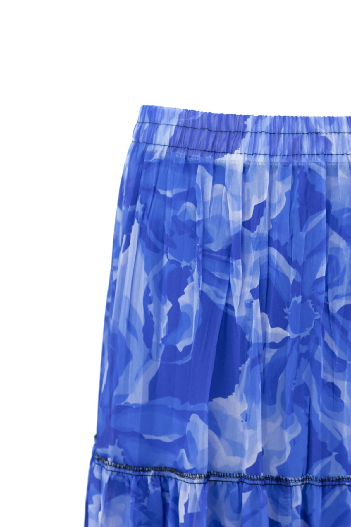 Kadın Astarlı Şifon Etek Manolya Desenli Beli Lastikli Rahat Kesim Parçalı