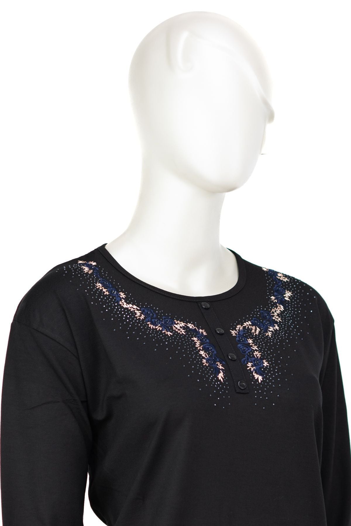 Kadın Turlu Viskon Penye Kumaş Anne Bluz Şık Taşlı ve Nakışlı Yuvarlak Yaka TamKalıp Likralı