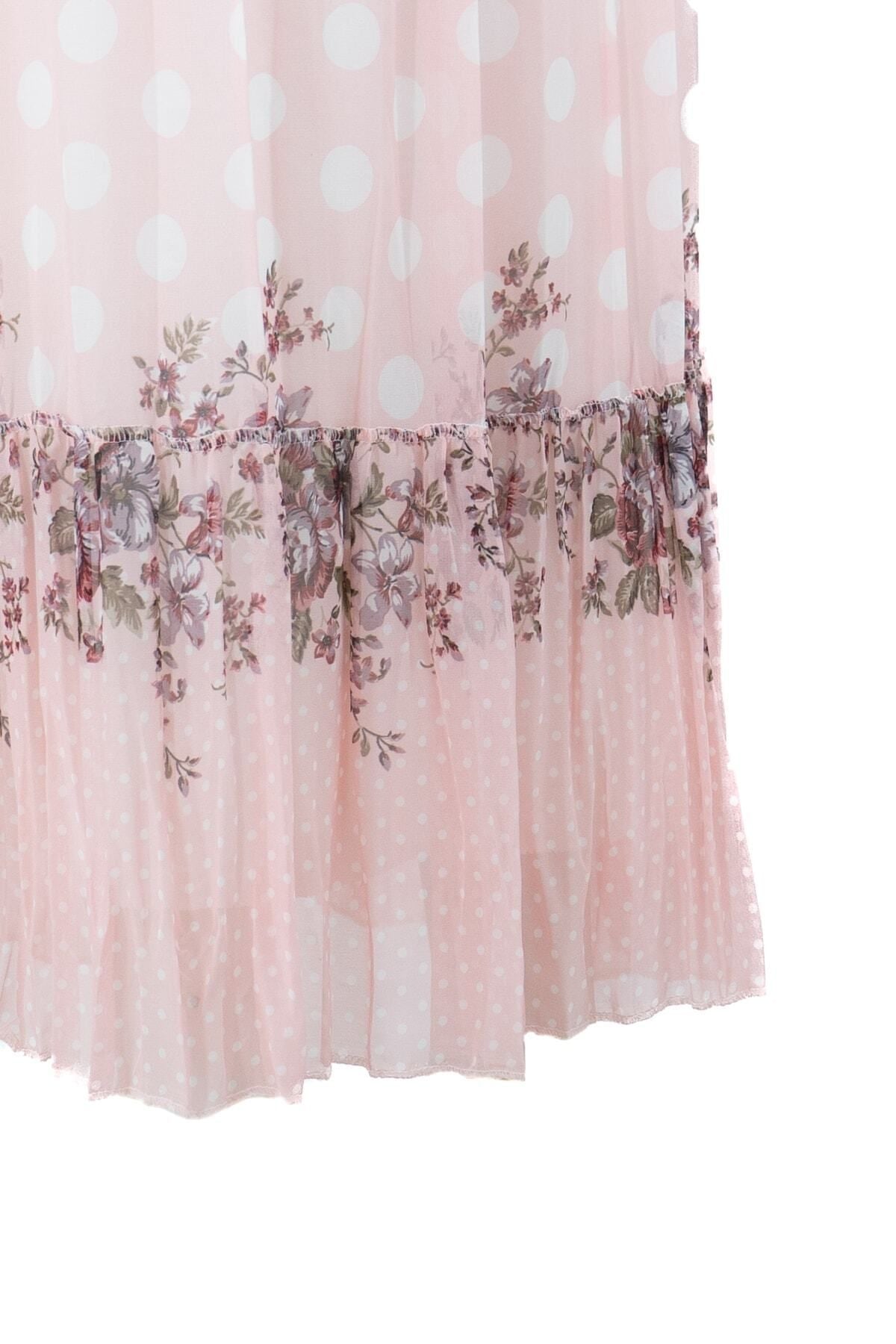 Kadın Bahar Puantiyesi Desenli Rahat Kesim Astarlı Likralı Üç Parçalı Premium Şifon Etek