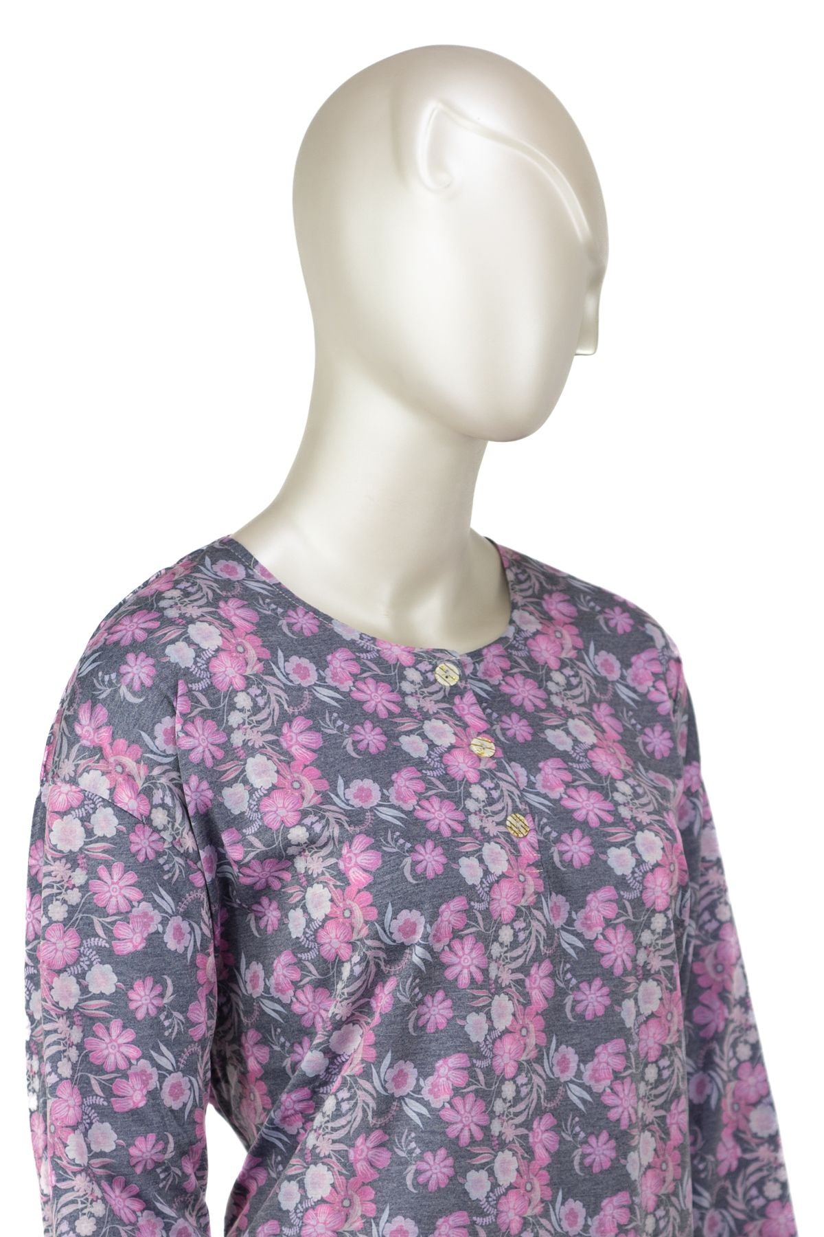 Kadın Kağıt Baskı Klasik Anne Bluz Pamuk Kumaş Fesleğen Desenli Üç Düğmeli Tam Kalıp