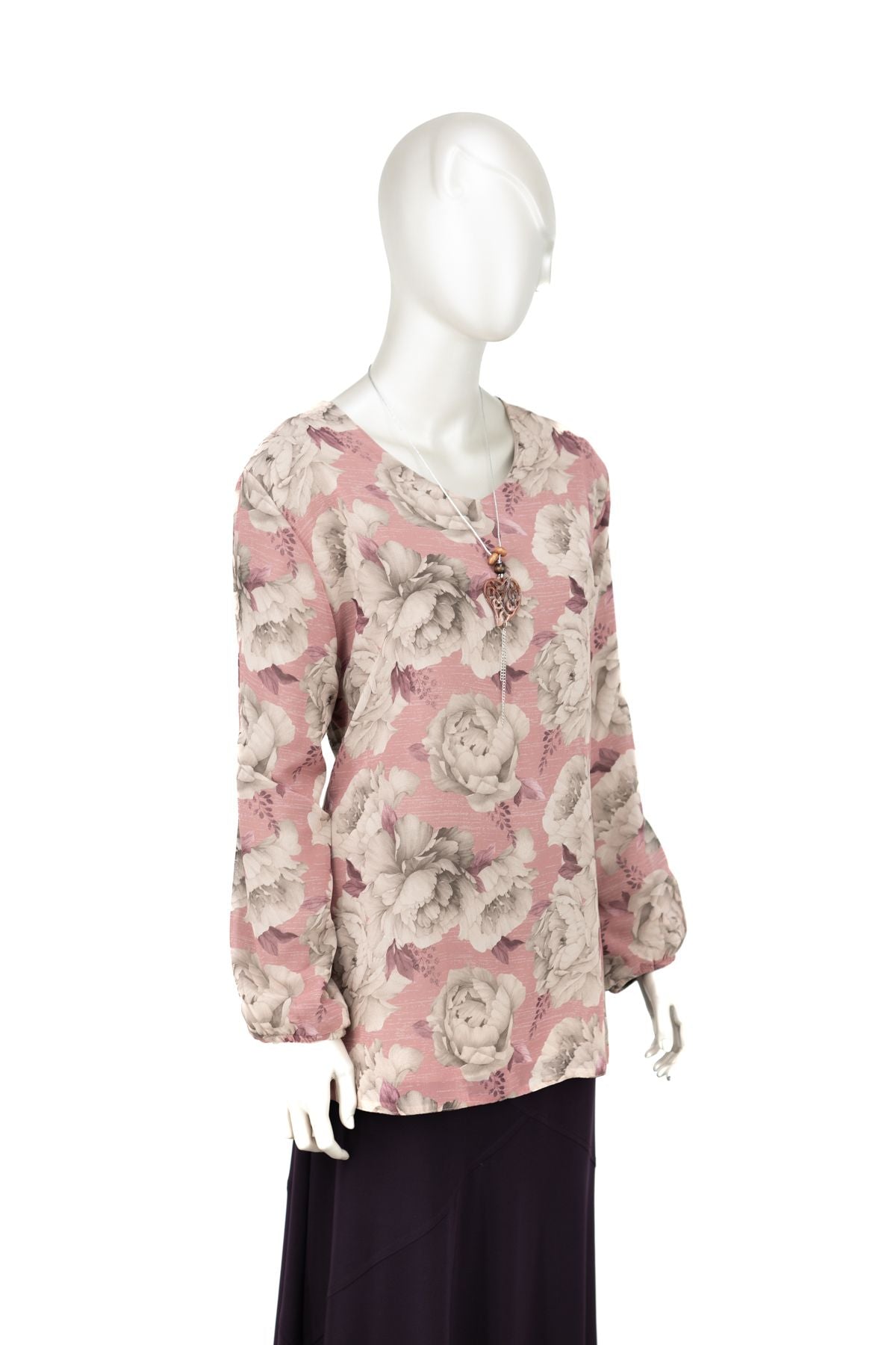 Kadın Klasik Şifon Anne Bluz Viskoz Kumaş Gül Desenli Kolyeli Uzun Kollu Astarlı Tam Kalıp