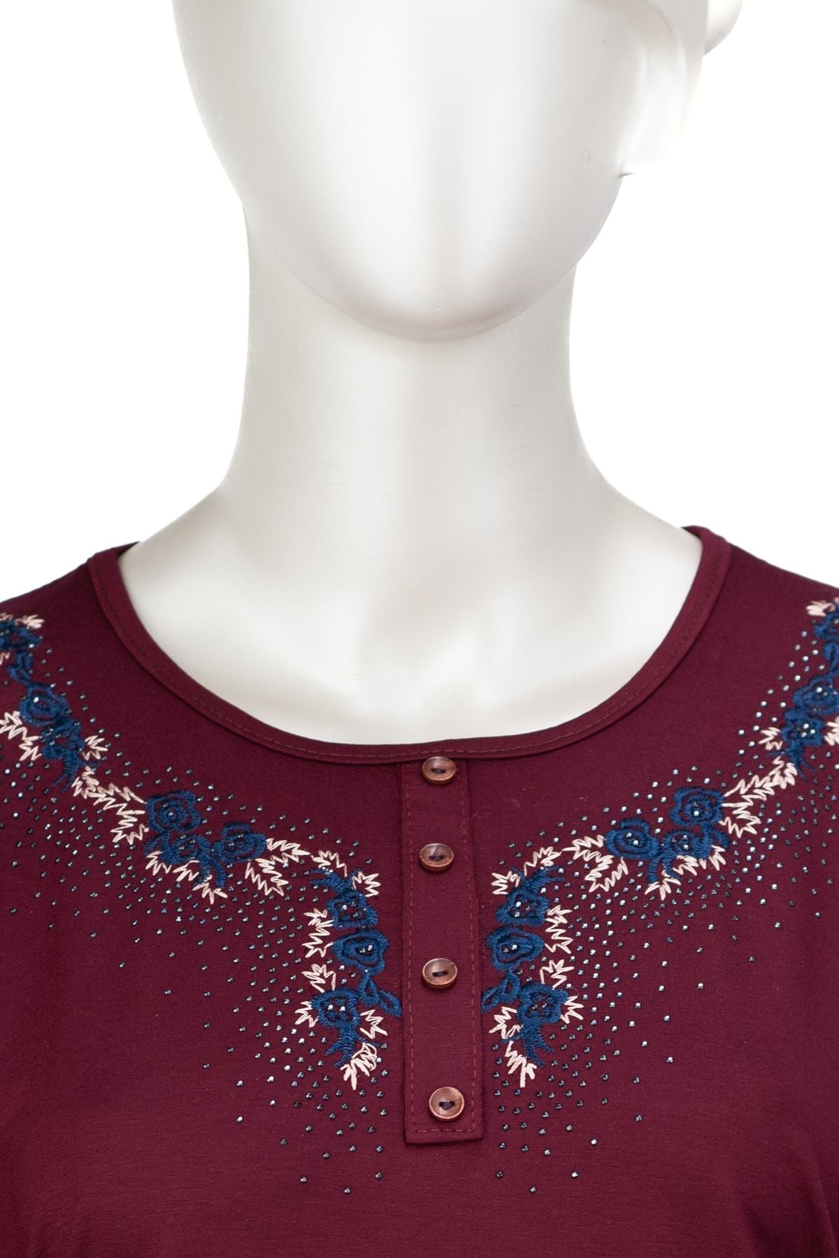 Kadın Turlu Viskon Penye Kumaş Anne Bluz Şık Taşlı ve Nakışlı Yuvarlak Yaka TamKalıp Likralı