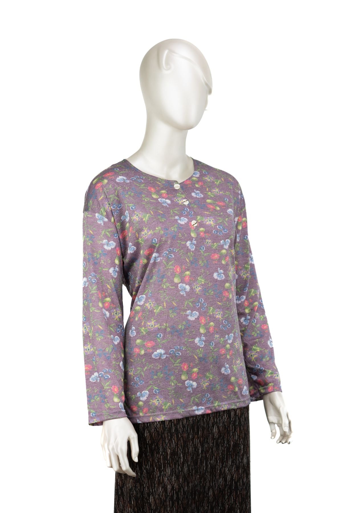 Kadın Kağıt Baskı Klasik Anne Bluz Şirin Desenli Üç Düğmeli Yuvarlak Yaka Likralı Tam Kalıp