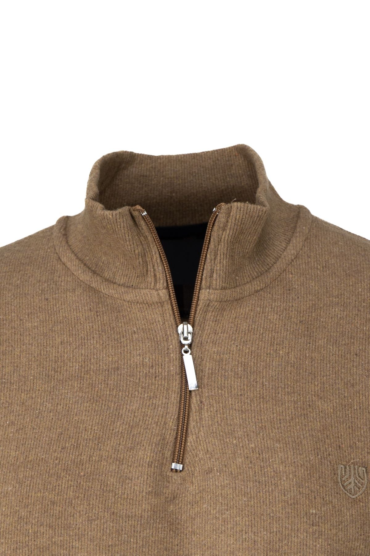 Erkek Kışlık Hakim Yaka Kazak Yarım Fermuarlı Pamuklu Örme Kaya Armalı Rahat Kesim Tam Kalıp