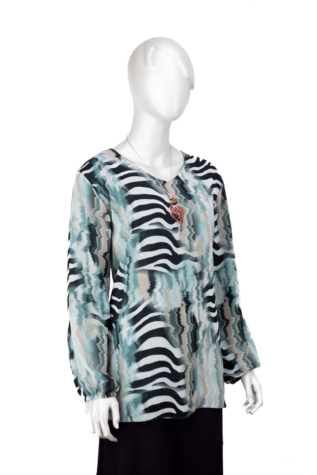 Kadın Klasik Şifon Anne Bluz Viskoz Kumaş Deniz Desenli Kolyeli Uzun Kollu Astarlı Tam Kalıp