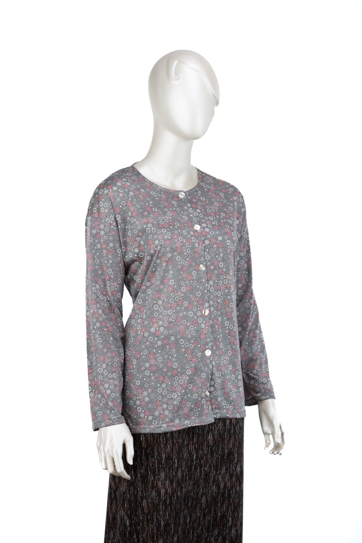 Kadın Kağıt Baskı Klasik Anne Bluz Dünya Desenli Boydan Düğmeli Yuvarlak Yaka Tam Kalıp