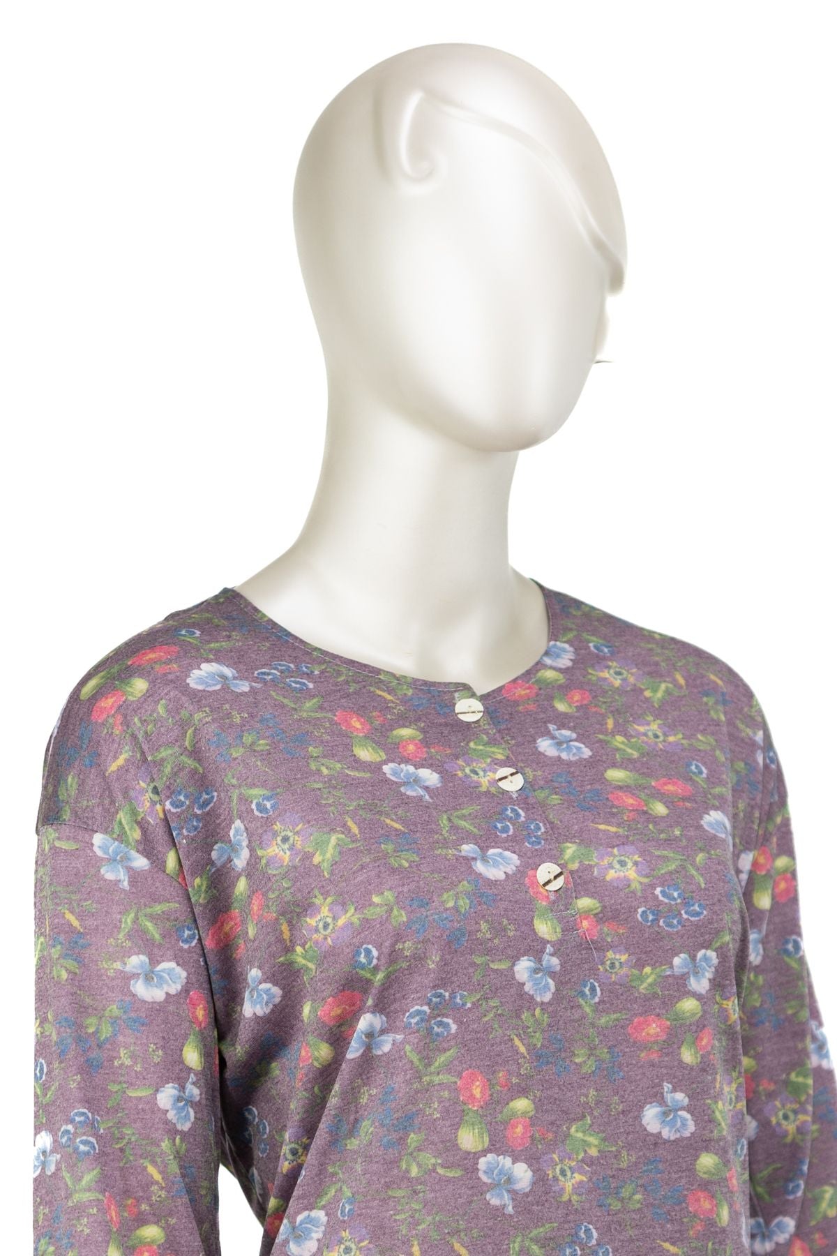 Kadın Kağıt Baskı Klasik Anne Bluz Şirin Desenli Üç Düğmeli Yuvarlak Yaka Likralı Tam Kalıp