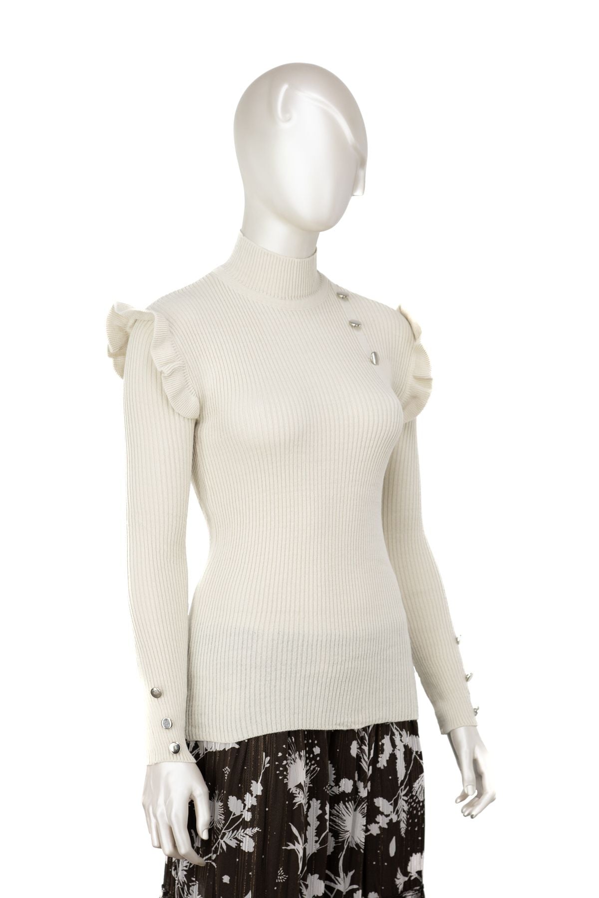 Kadın Kışlık Kolları Şık DüğmeDetaylı Yarım Yaka Bedene Oturan Likralı Örme Triko Badi Kazak