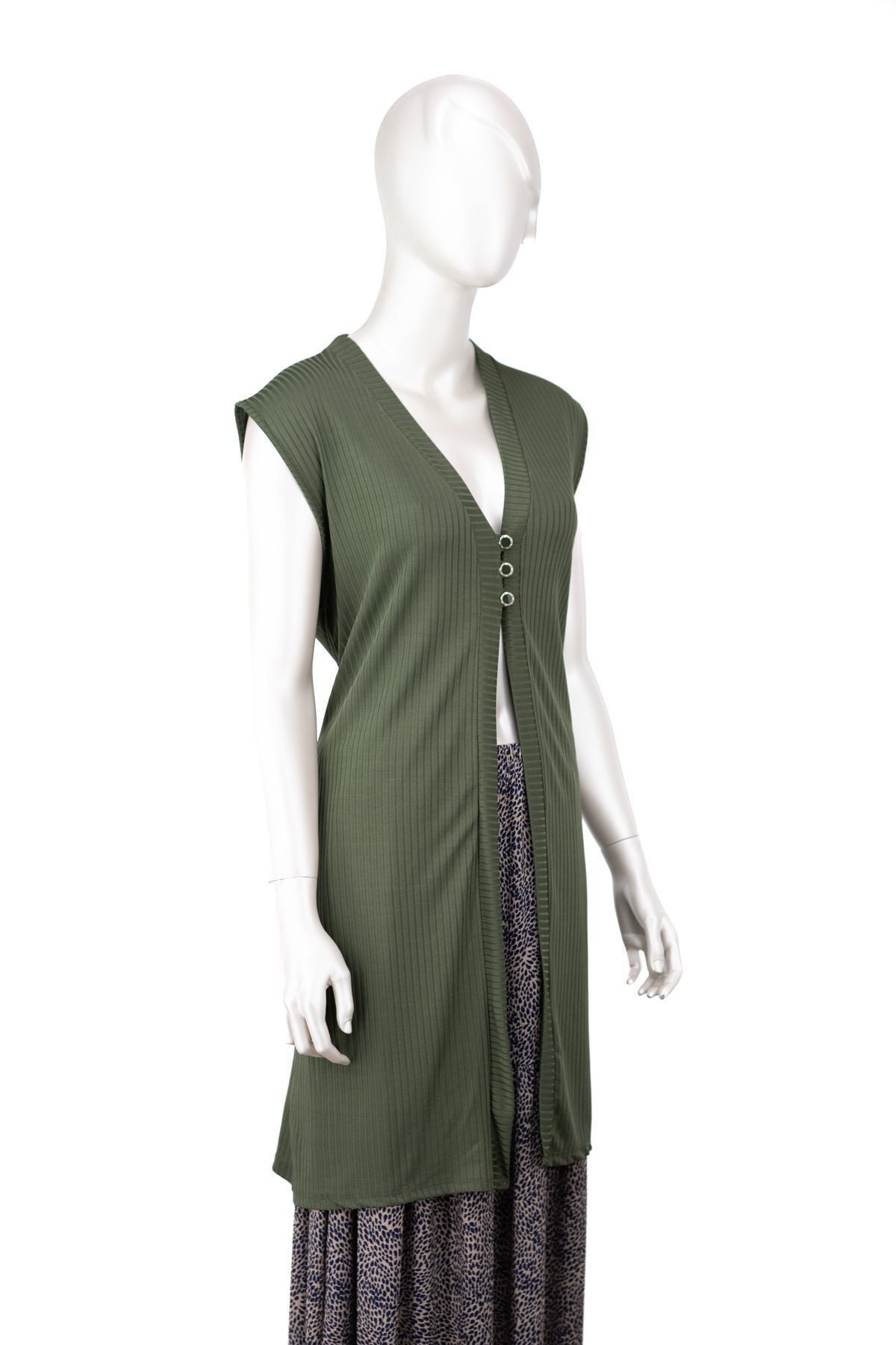 Kadın Elize Sandy Kumaş Anne Yelek V Yaka Önü Modern Üç Düğmeli Rahat Kesim Tam Kalıp