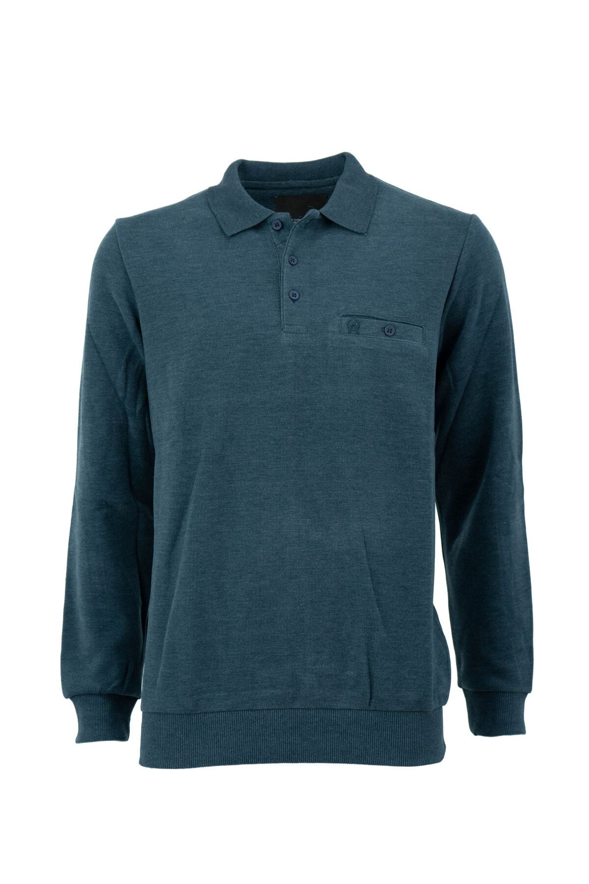 Erkek Kışlık Düğmeli PoloYaka Düz Renk Armalı Fileto Cepli RahatLikralı Pamuklu Dokuma Kazak