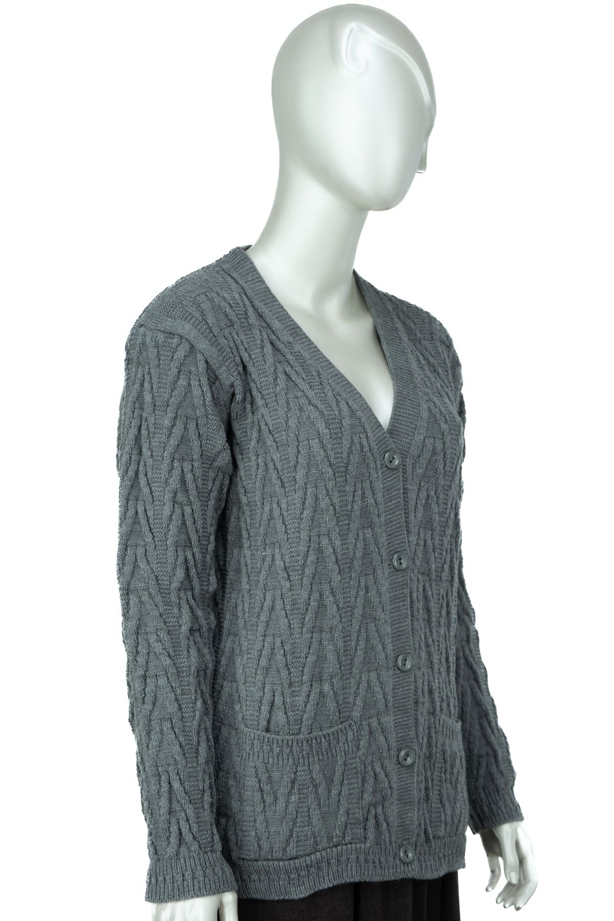 Kadın Kışlık Önden Düğmeli Uzun Kollu Çift Cepli Likralı Pamuklu Triko Dokuma Anne Hırka