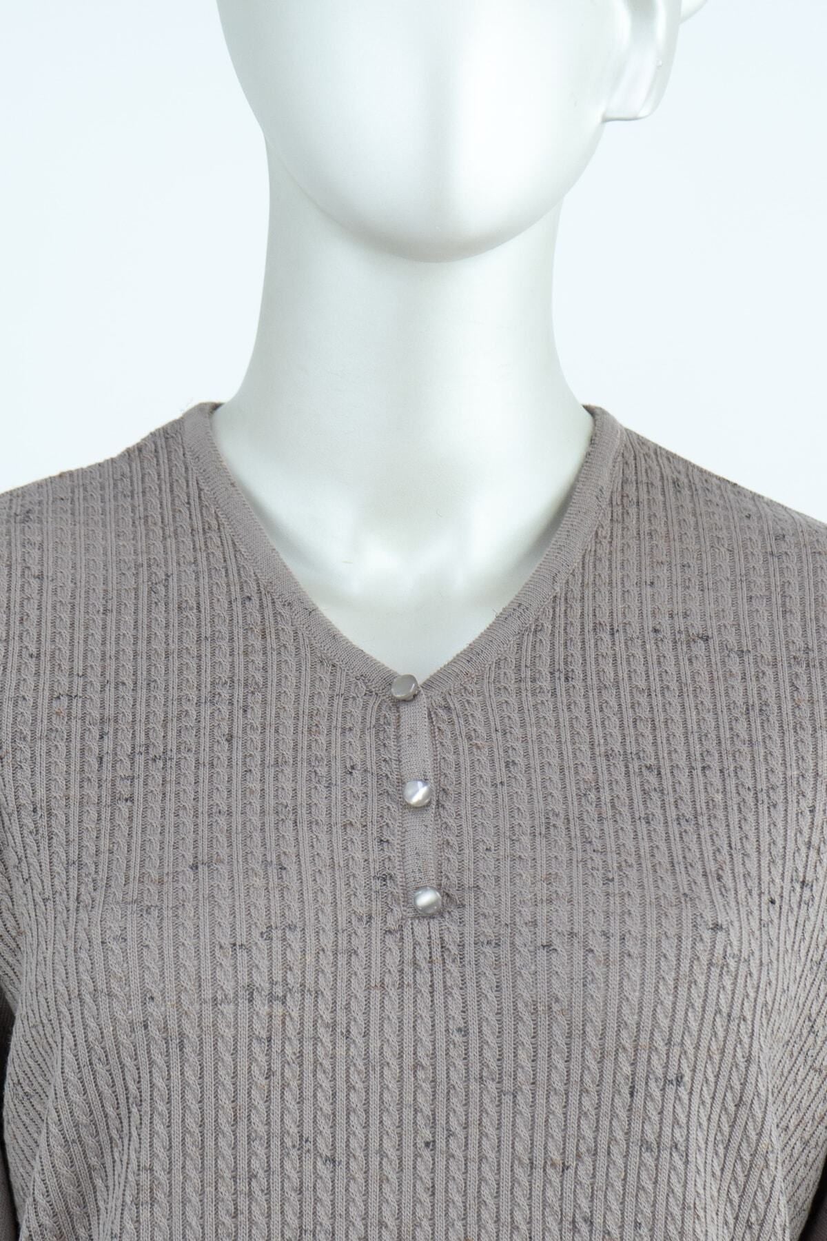 Kadın Kışlık Armut Yaka Desenli Uzun Kol Normal Kesim Likralı Dokuma Triko Ince Anne Kazak