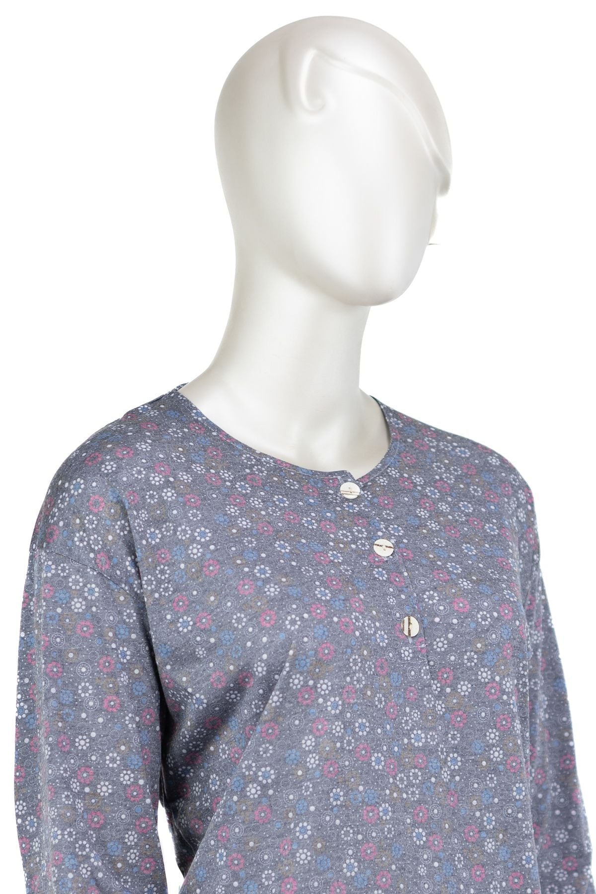 Kadın Kağıt Baskı Klasik Anne Bluz Manolya Desenli Üç Düğmeli Yuvarlak Yaka Tam Kalıp