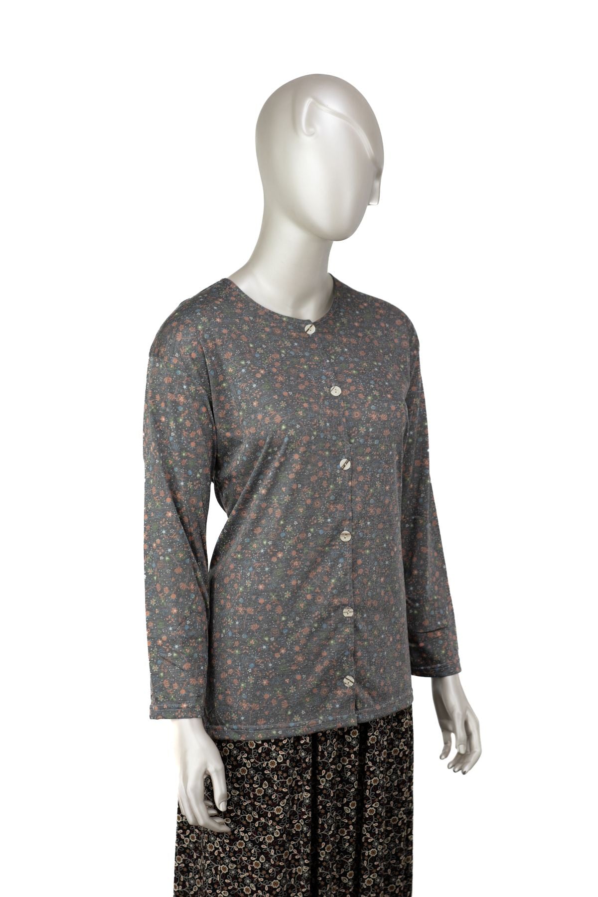 Kadın Kağıt Baskı Klasik Anne Bluz Pamuk Kumaş Pıtırcık Desenli Boydan Düğmeli Tam Kalıp