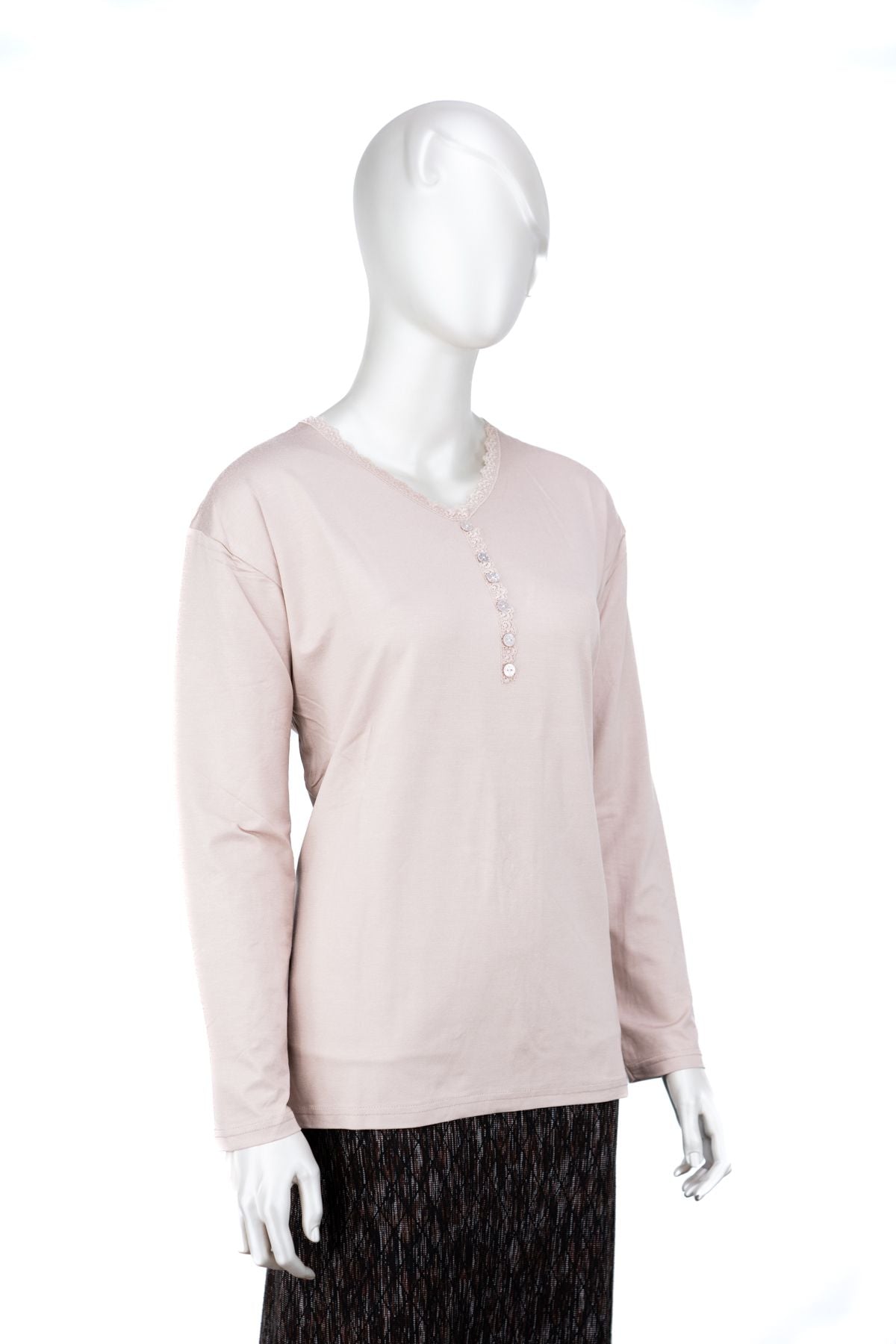 Kadın Turlu Viskon Penye Kumaş Anne Bluz Şık Fırfırlı V Yaka Normal Kesim Tam Kalıp Likralı