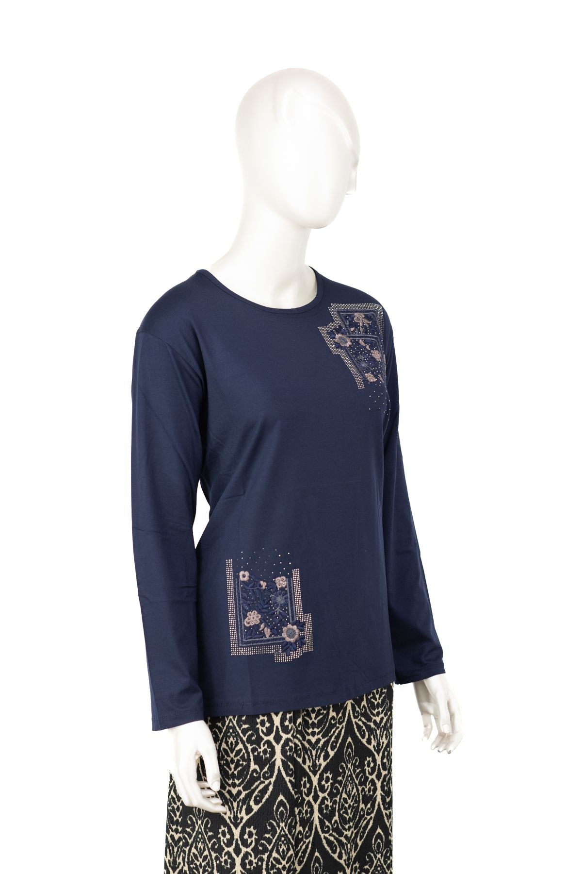 Kadın Turlu Viskon Penye Kumaş Anne Bluz inci Çiçek Taşlı ve Nakışlı Likralı Tam Kalıp