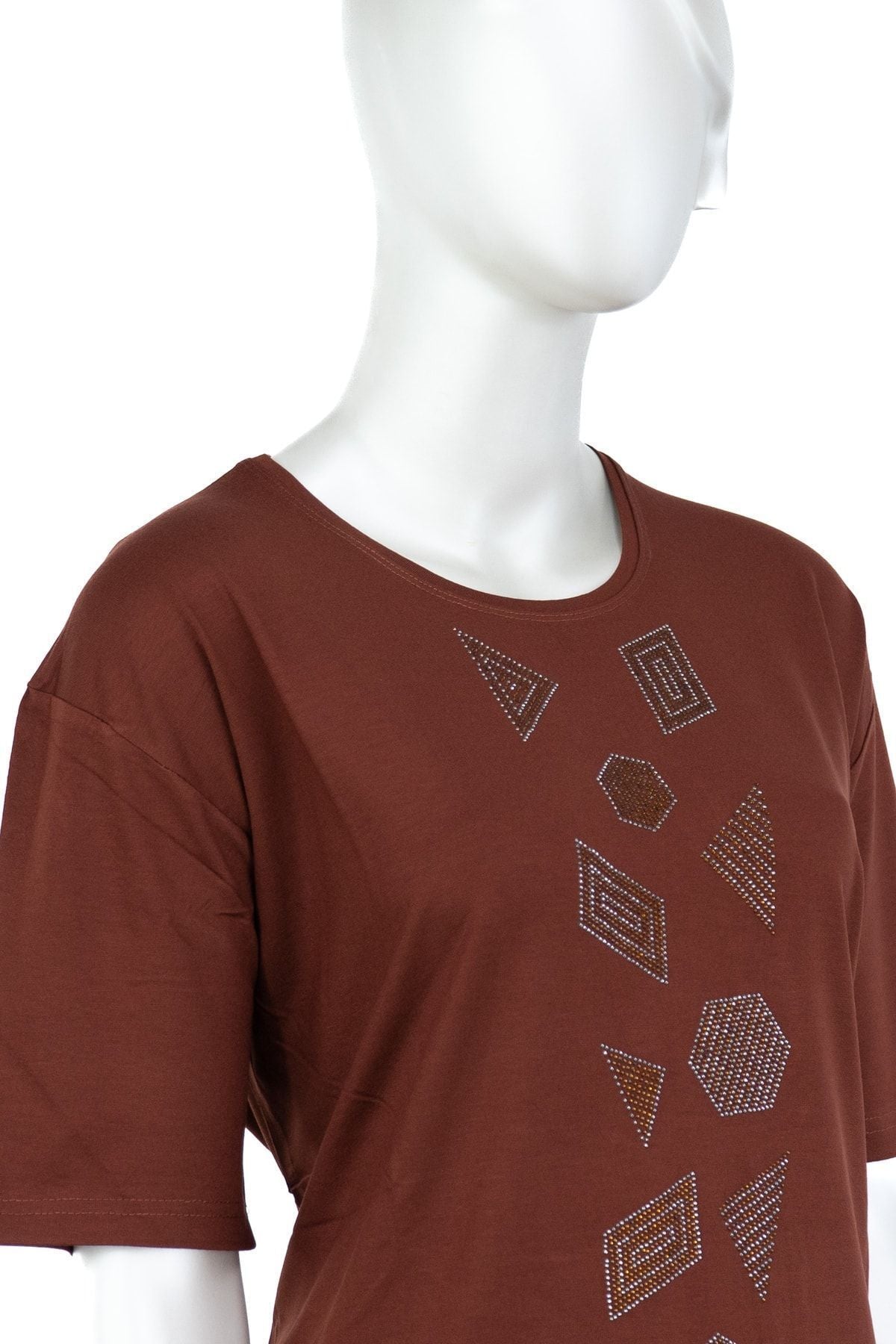 Kadın Düğün Taşlı Kısa Kollu Tam Kalıp Büyük Beden Likralı Viskon Penye Kumaş Anne Bluz