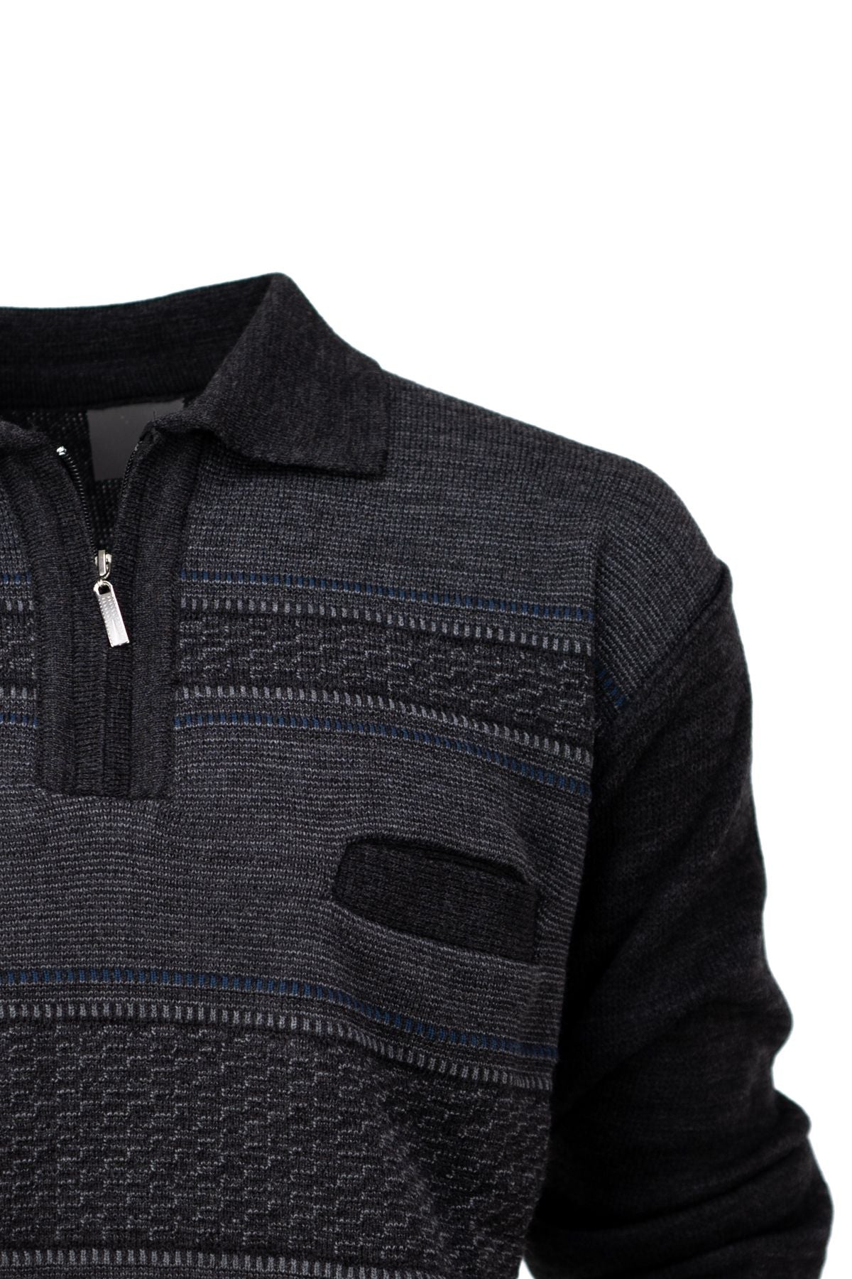 Erkek Kışlık Kalın Pamuklu Örme Triko Kazak Desenli Fermuarlı Cepli Tam Kalıp Gömlek Yaka