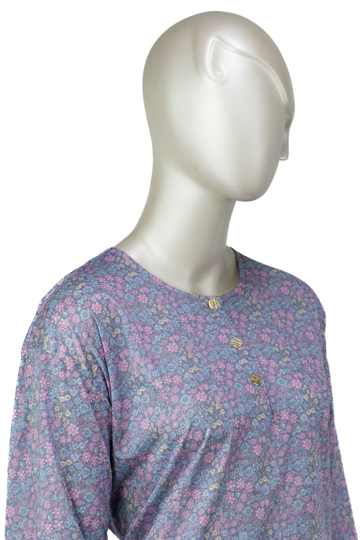 Kadın Kağıt Baskı Klasik Anne Bluz Pamuk Kumaş Fulya Desenli Üç Düğmeli Rahat Tam Kalıp