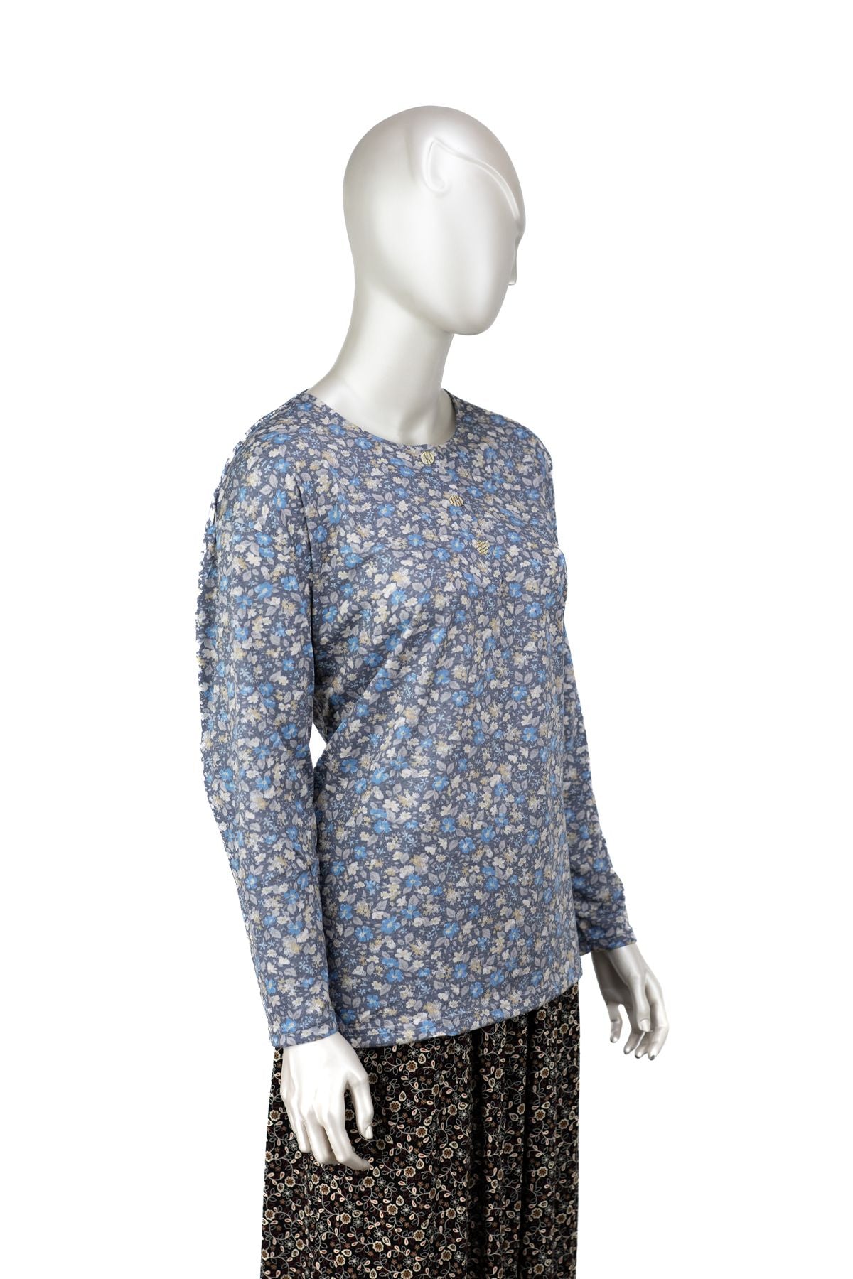 Kadın Kağıt Baskı Klasik Anne Bluz Pamuk Kumaş Begonya Desenli Üç Düğmeli Tam Kalıp