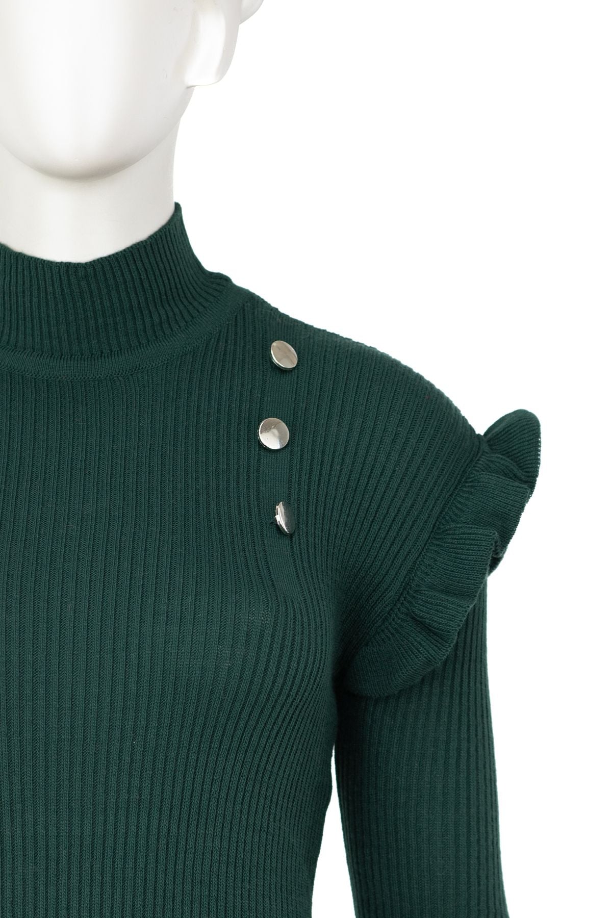 Kadın Kışlık Kolları Şık DüğmeDetaylı Yarım Yaka Bedene Oturan Likralı Örme Triko Badi Kazak