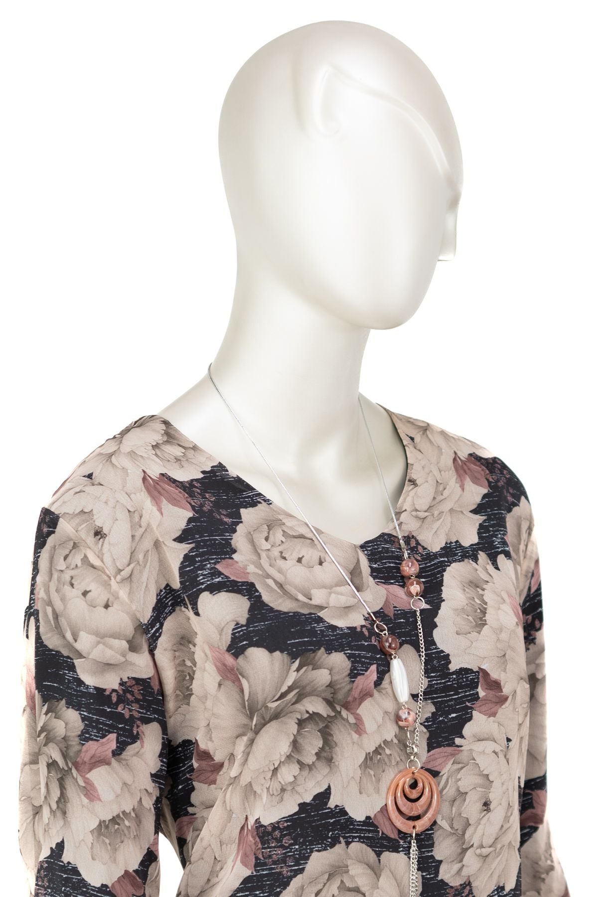 Kadın Klasik Şifon Anne Bluz Viskoz Kumaş Gül Desenli Kolyeli Uzun Kollu Astarlı Tam Kalıp