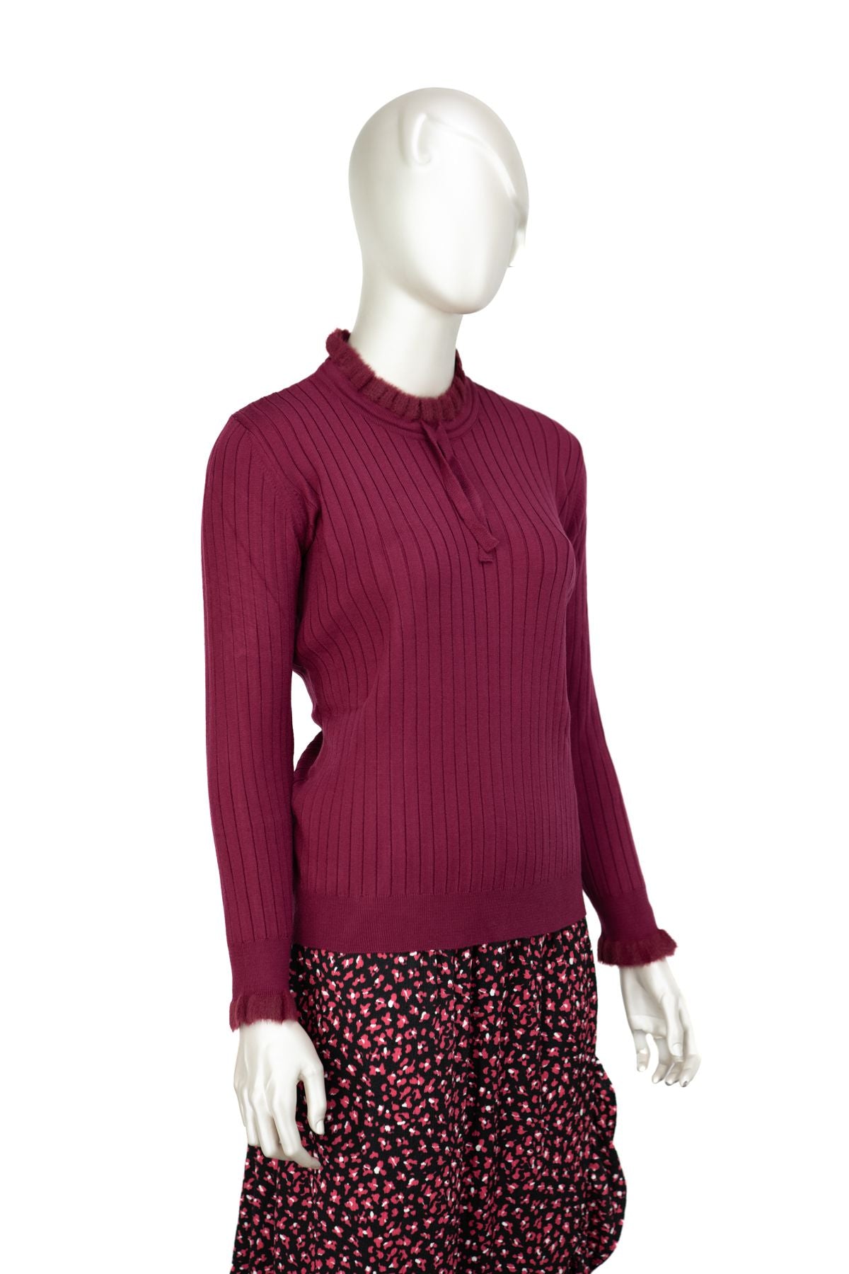 Kadın Pamuklu Örme Badi Kazak Likralı Esnek Çizgi Motifli Bağcıklı Yuvarlak Yakalı Uzun Kol