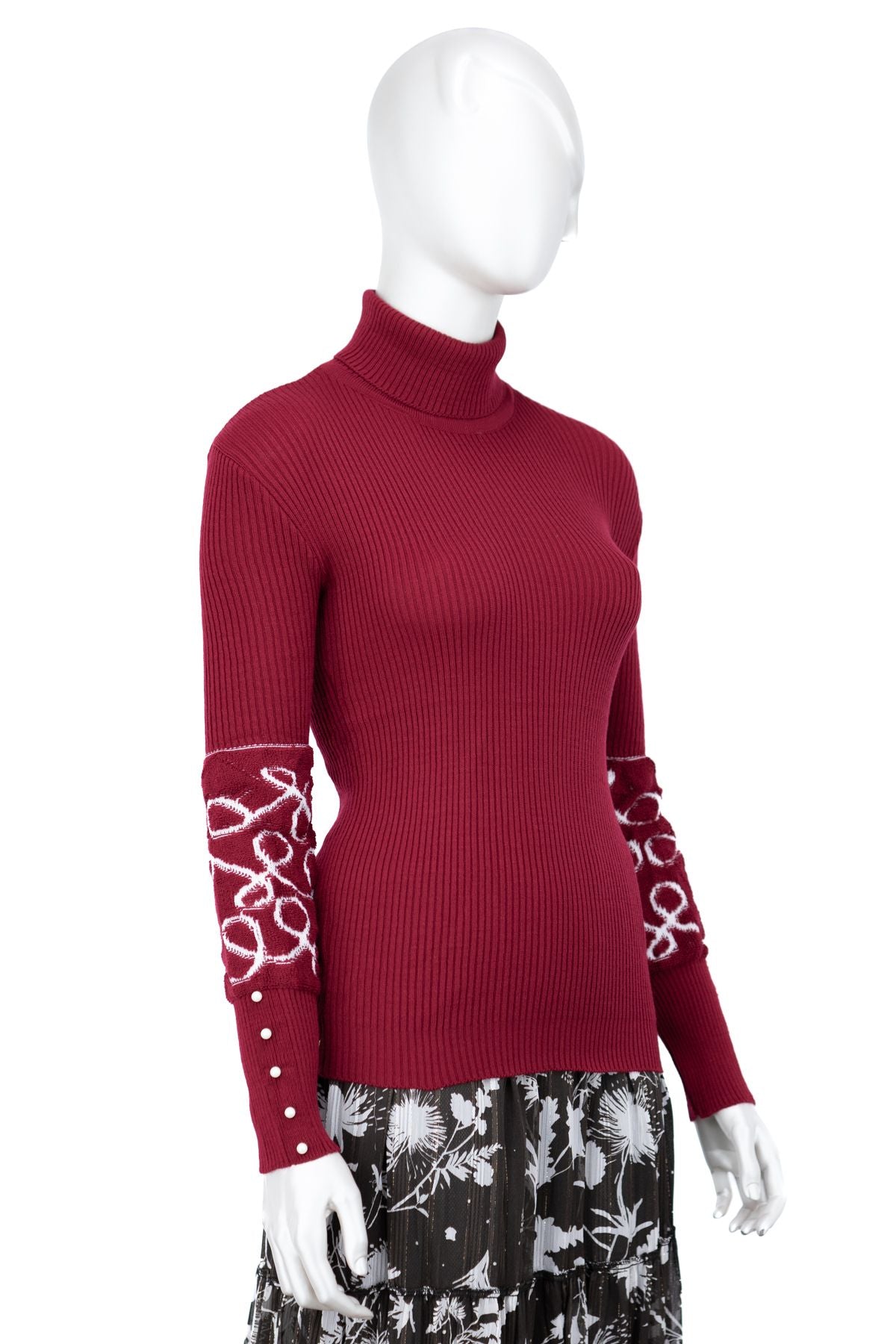 Kadın Kışlık Kolları Şık Boncuklu Tam Boğazlı Yaka Bedene Oturan Örme Triko Badi Kazak