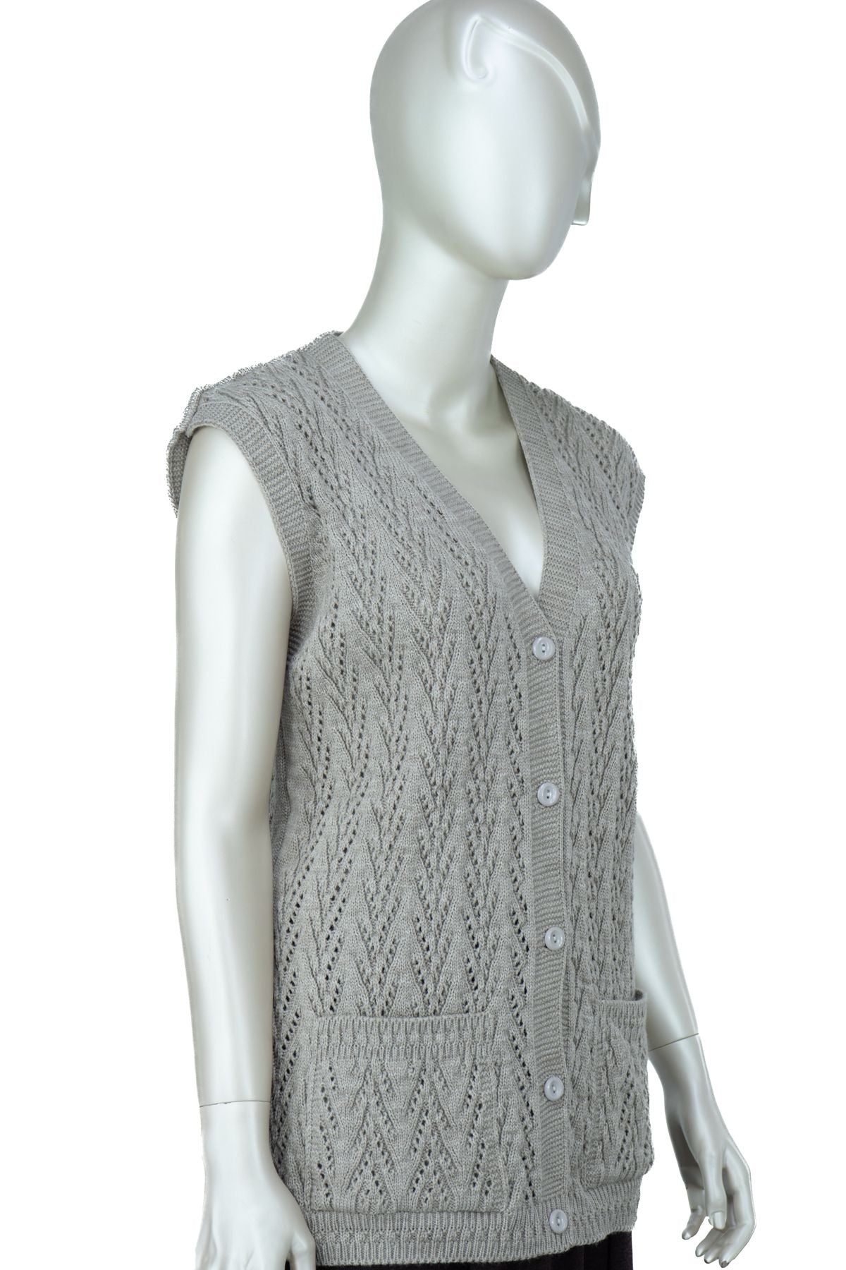 Kadın Kışlık Pamuklu Triko Klasik Örme Anne Yelek Kilim Örgü Model Önden Düğmeli Çift Cepli