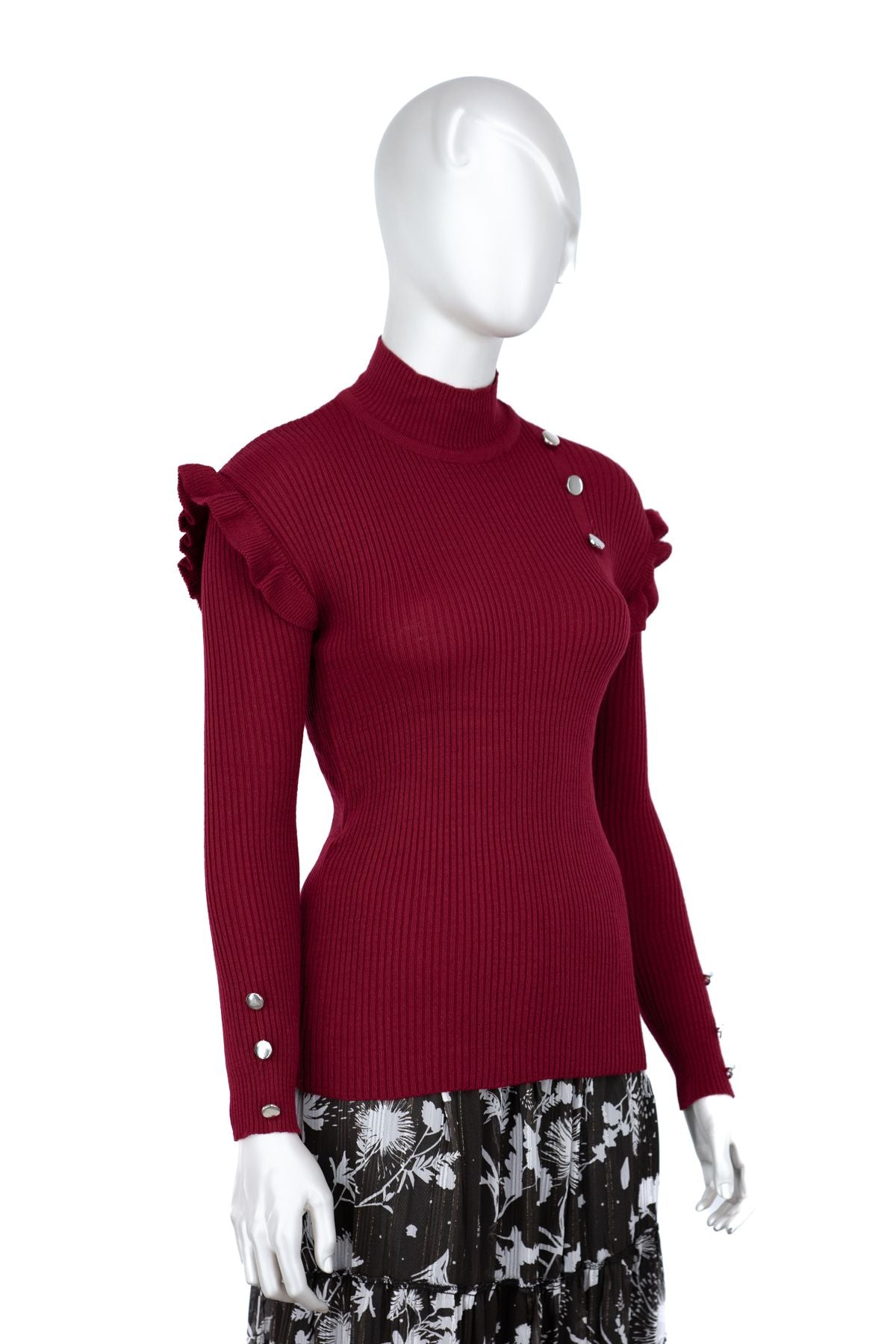 Kadın Kışlık Kolları Şık DüğmeDetaylı Yarım Yaka Bedene Oturan Likralı Örme Triko Badi Kazak