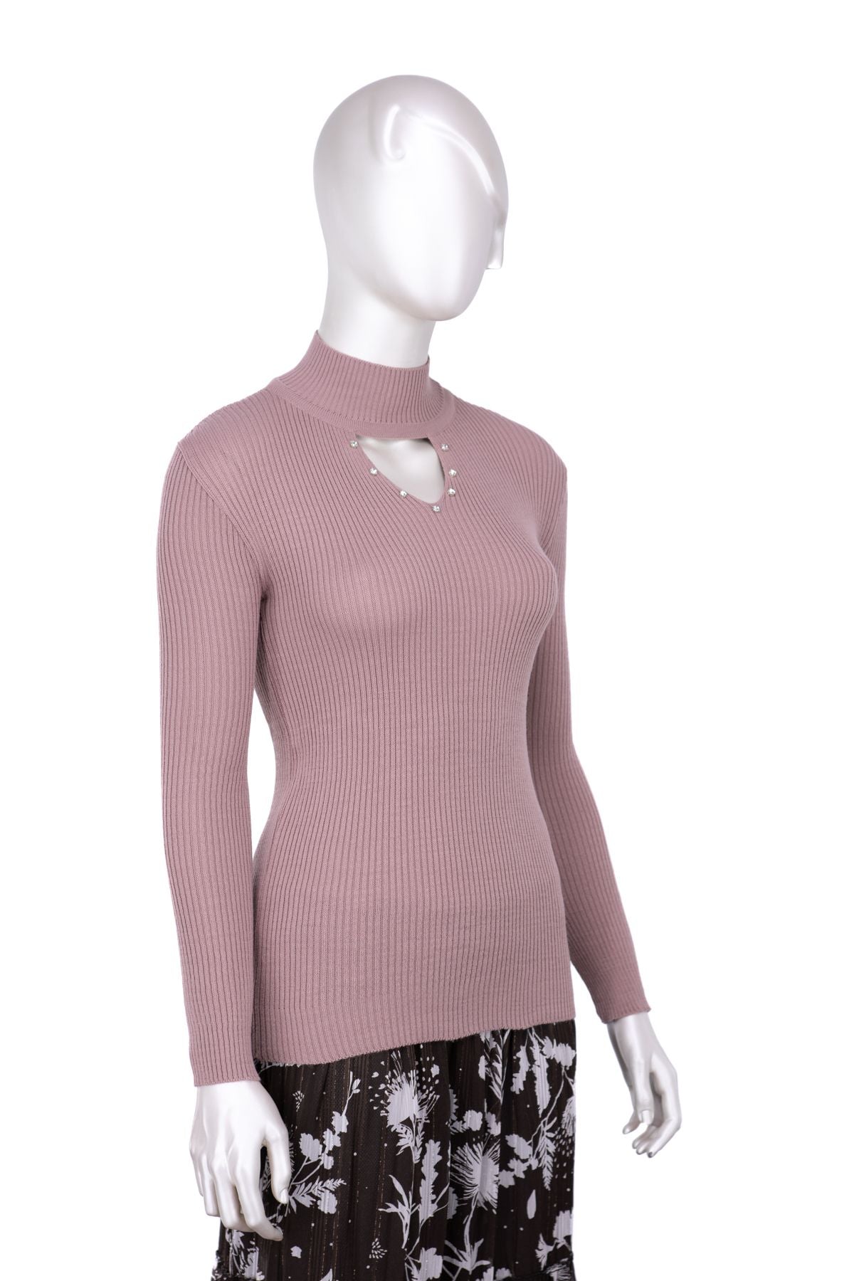 Kadın Kışlık Yarım Yakalı ve Taşlı Yaka Açıklığı Bulunan Bedene Oturan Örme Triko Badi Kazak