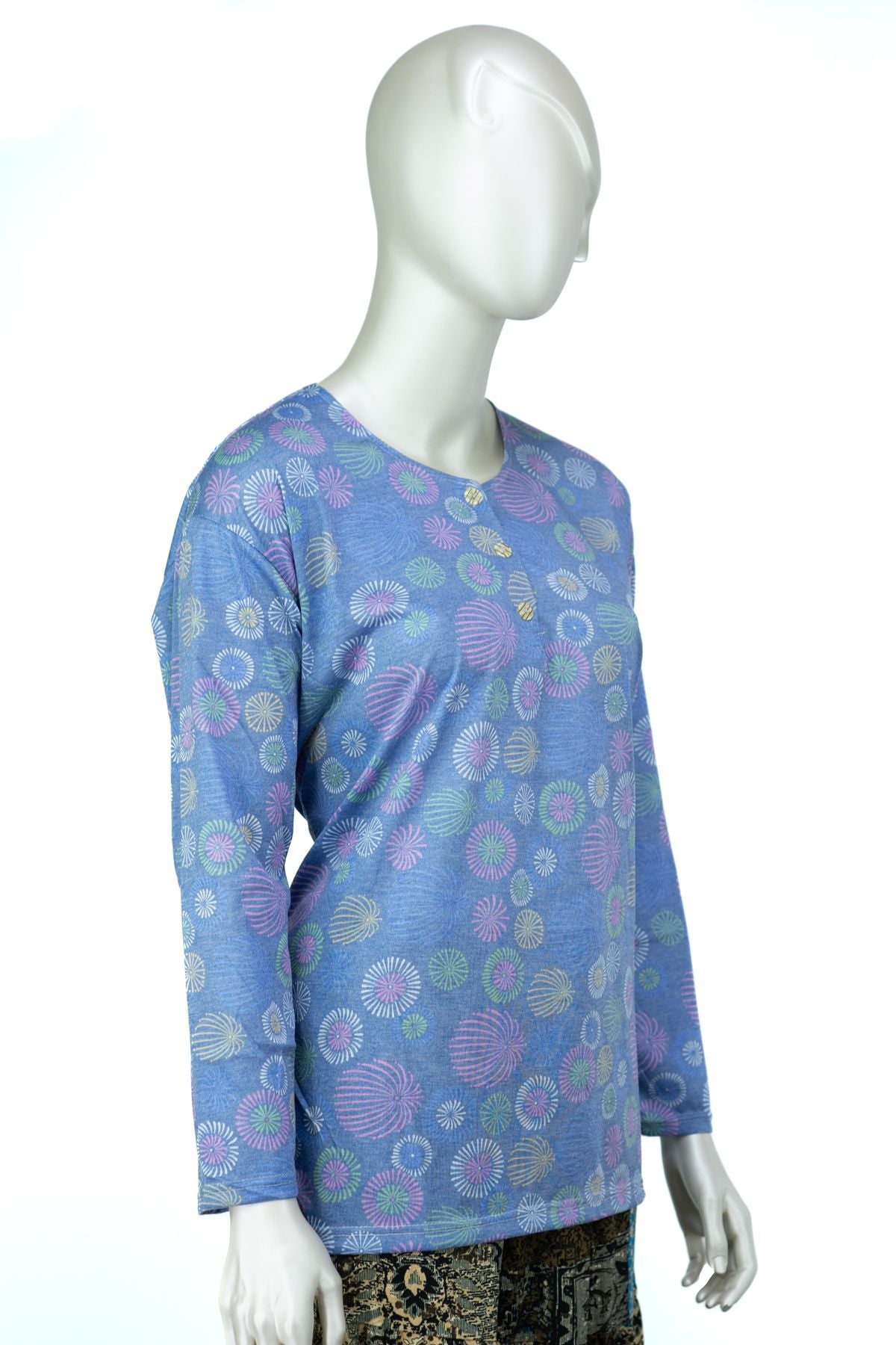 Kadın Kağıt Baskı Klasik Anne Bluz Pamuk Kumaş Gelin Desenli Üç Düğmeli Yuvarlak Yaka Rahat