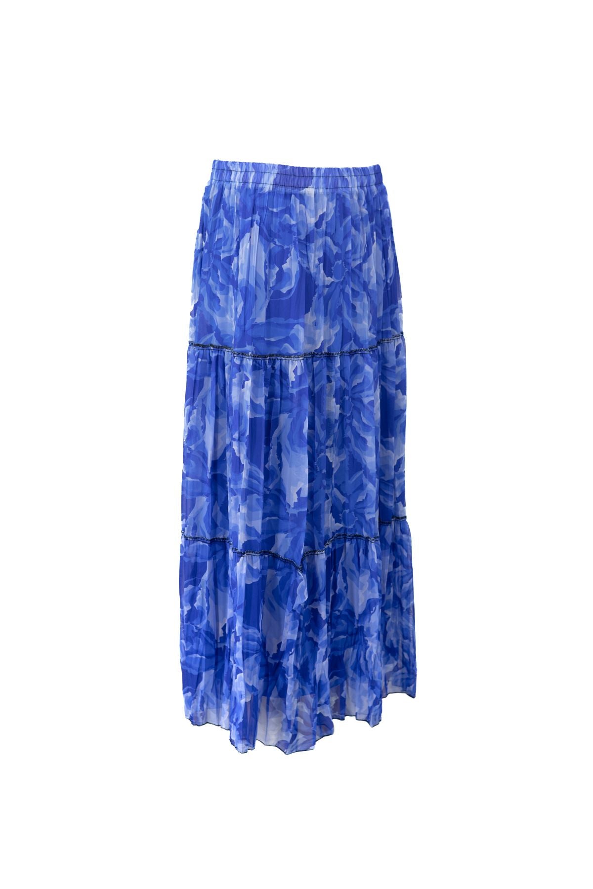 Kadın Astarlı Şifon Etek Manolya Desenli Beli Lastikli Rahat Kesim Parçalı