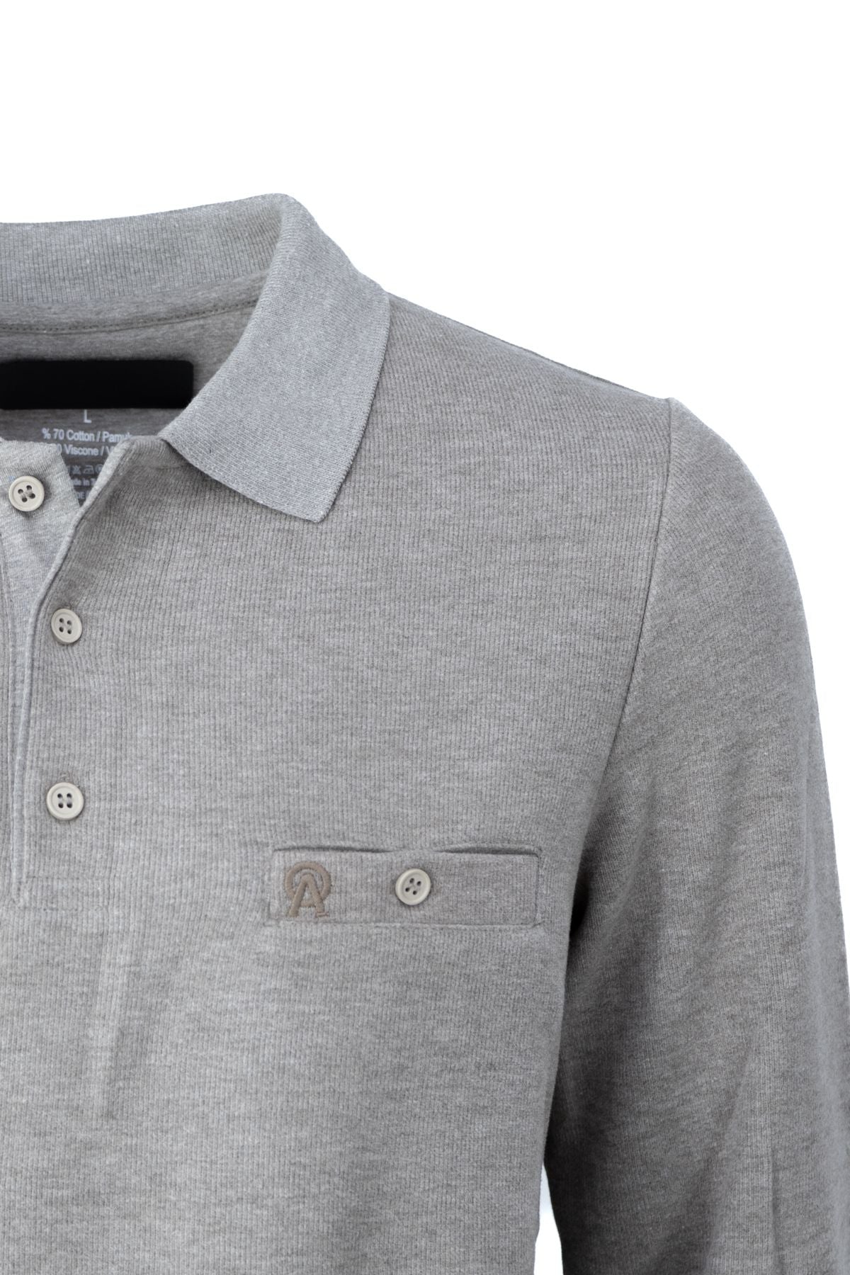 Erkek Kışlık Düğmeli Polo Yaka Düz Renk Armalı Fileto Cepli Uzun Kollu Pamuklu Dokuma Kazak