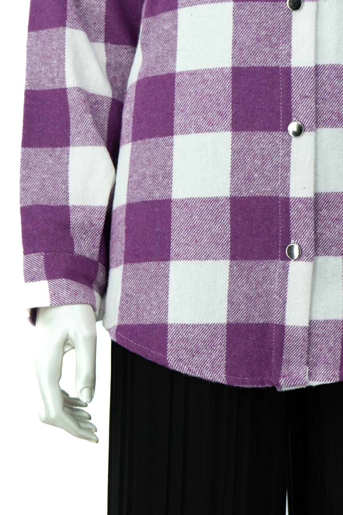 Kadın Ekose Desenli Önü Düğmeli Cepli Kapüşonlu Uzun Kollu Pamuklu Şardonlu Oduncu Gömleği