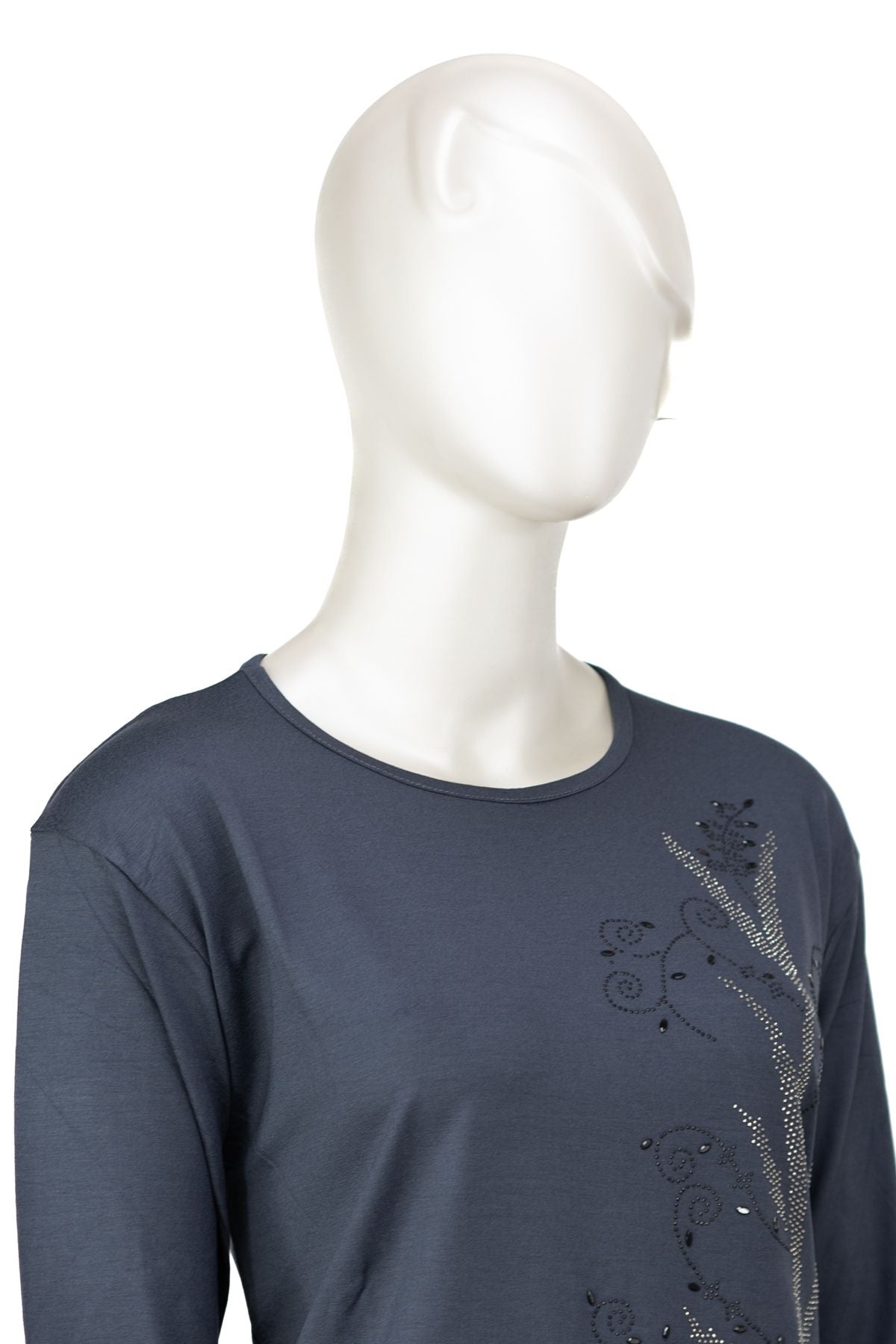 Kadın Turlu Viskon Penye Kumaş Anne Bluz Şık Çiçek Taşlı Yuvarlak Yaka Tam Kalıp Likralı