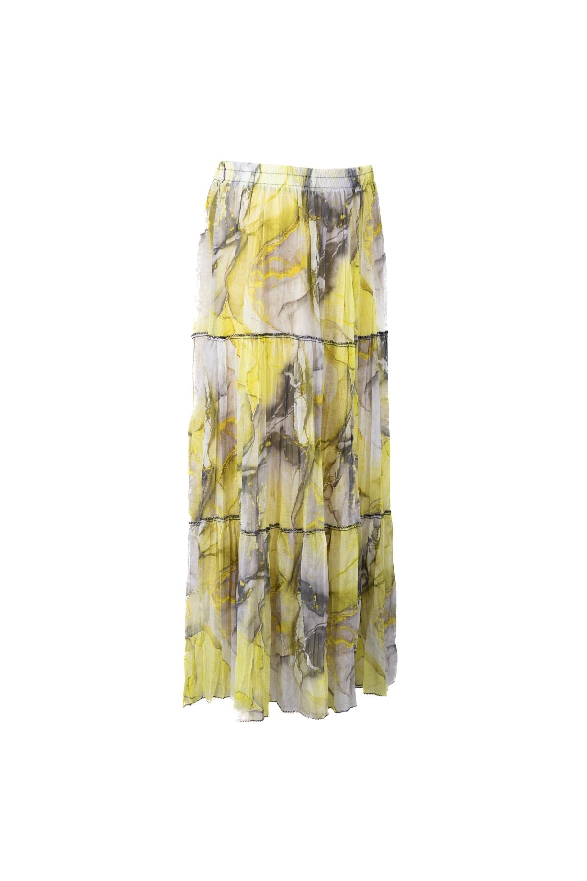 Kadın Astarlı Şifon Etek Bahar Çiçekleri Desenli Beli Lastikli Rahat Kesim Parçalı