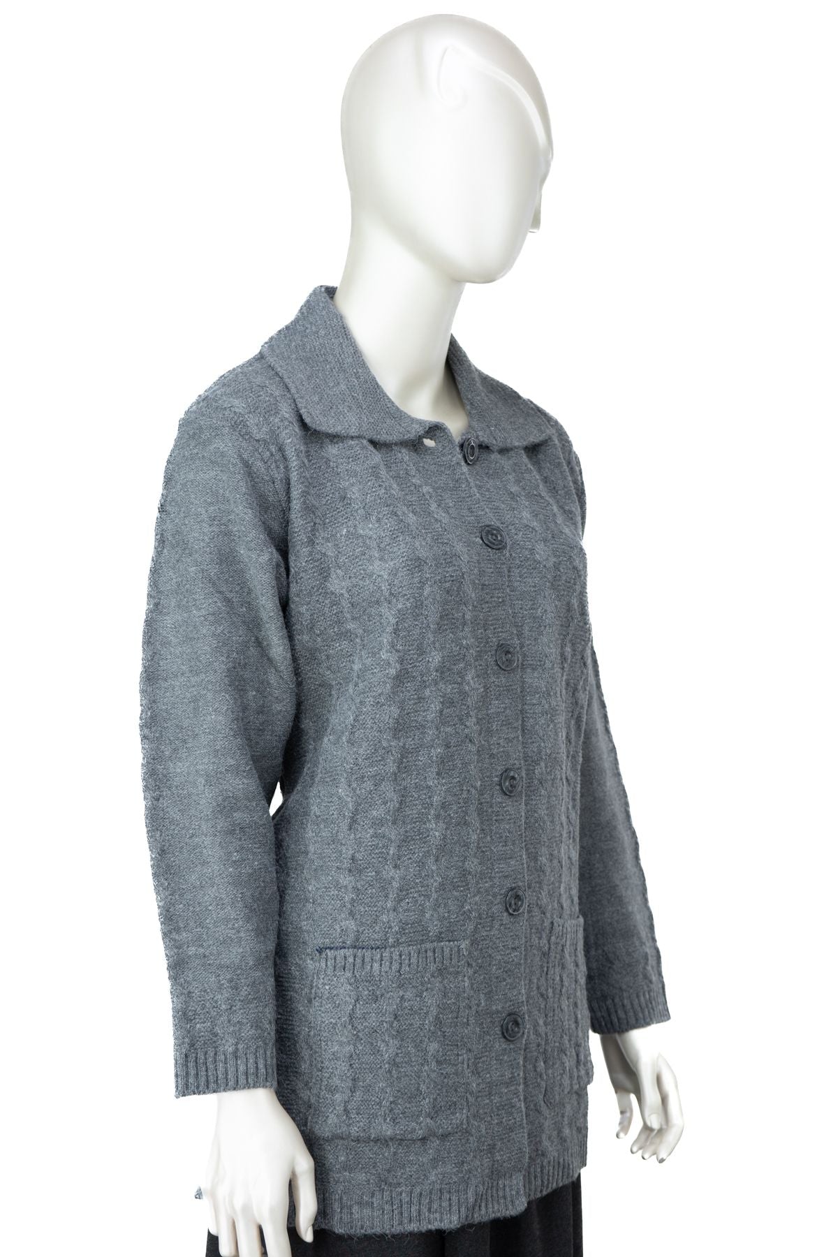 Kadın Klasik Yün Anne Hırka Çift Cepli Rahat Kesim Rahat Düğmeli Tüylenmez Bukletim Desenli