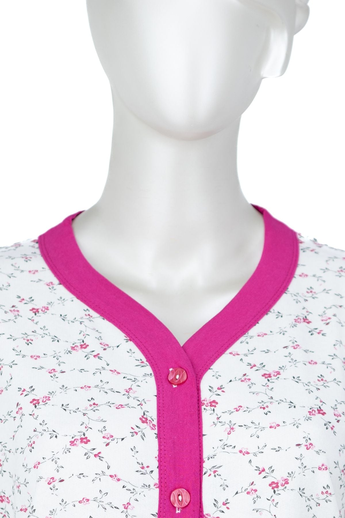 Kadın %100 Saf Pamuk Kumaş Gecelik Anne Takım Şirin Çiçek Desenli V Yaka Uzun Kollu Cepli