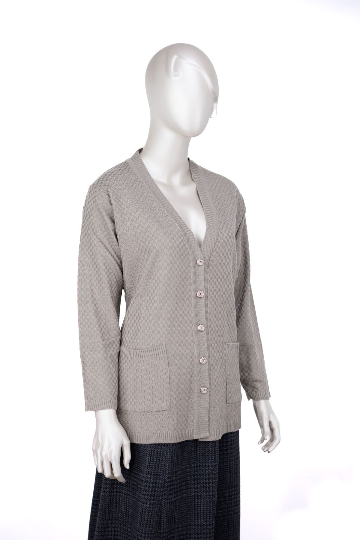 Kadın Mevsimlik Çelik Örme Anne Hırka Çift Cepli Düğmeli Klasik Rahat Kesim Tam Kalıp