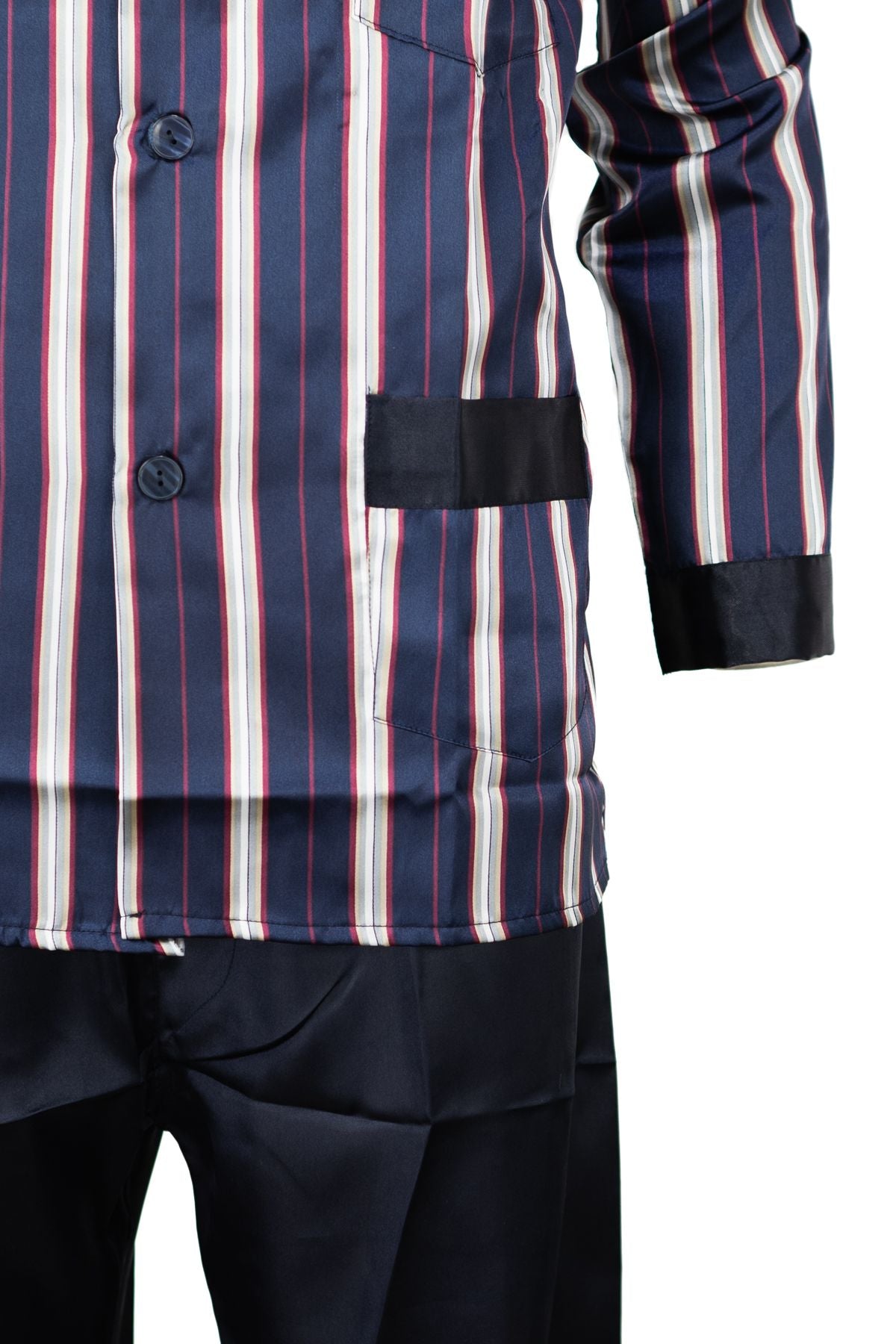 Erkek Klasik Model Pijama Takımı Premium ipeksi Saten Kumaş Çizgili Desenli Cepli Tam Kalıp
